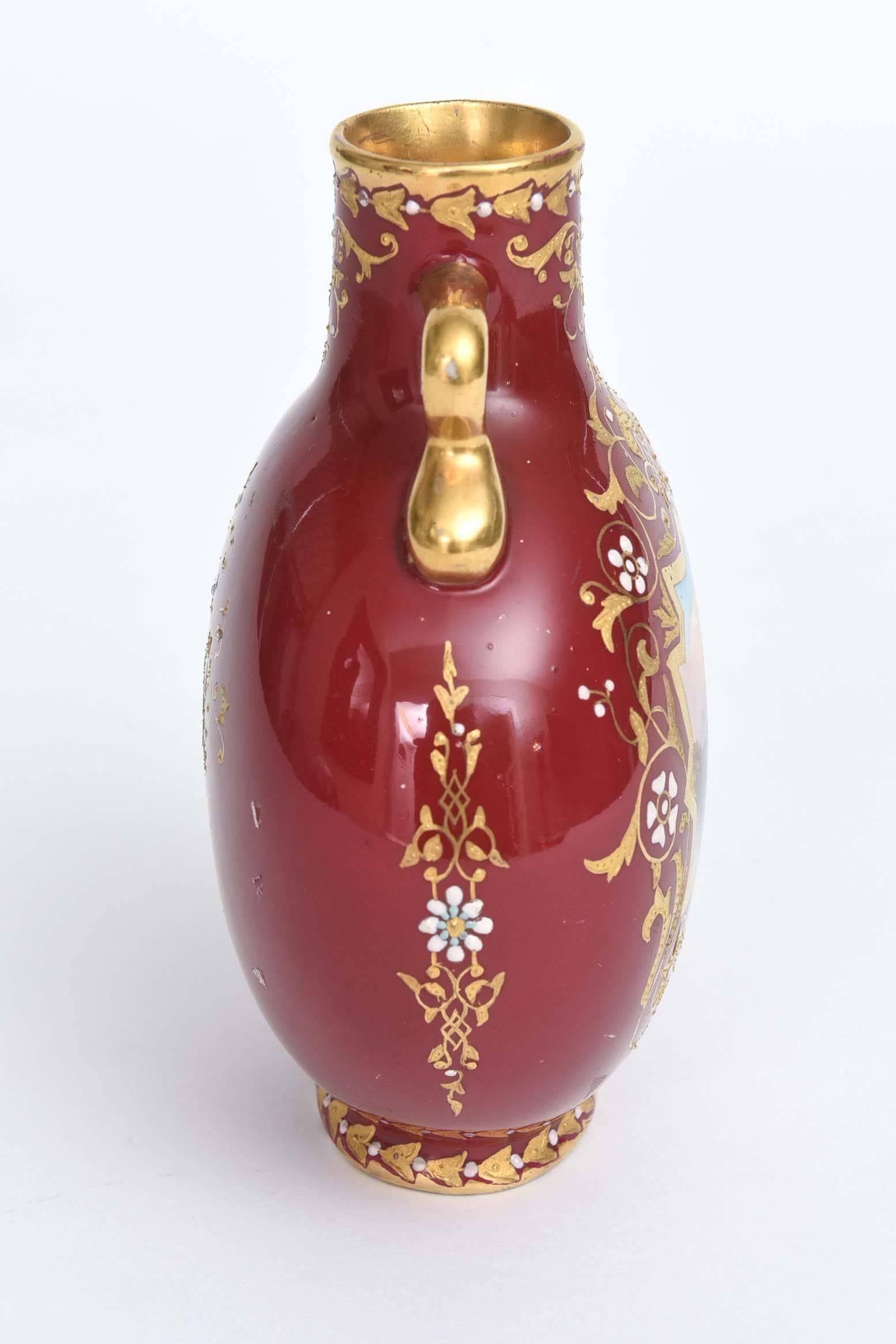 Antique Vase Coalport England Hand Painted with Jeweling and Raised Gilt In Good Condition For Sale In West Palm Beach, FL