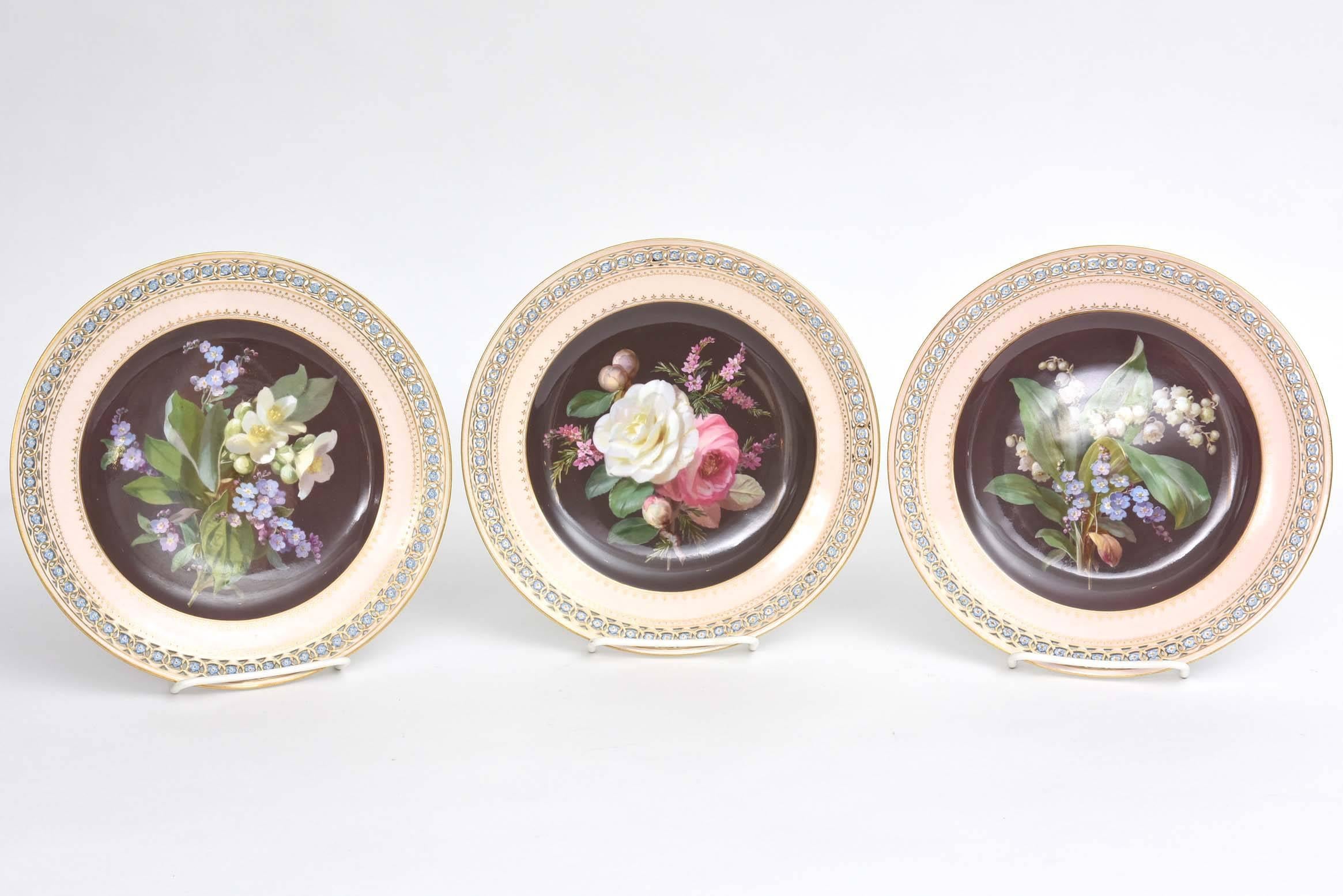 One of our finest sets of hand-painted porcelain sets from the storied firm of Meissen, Germany. These handcrafted and hand-painted pieces date from the 19th century and feature crisp and beautifully painted florals on a contrasting dark ground.