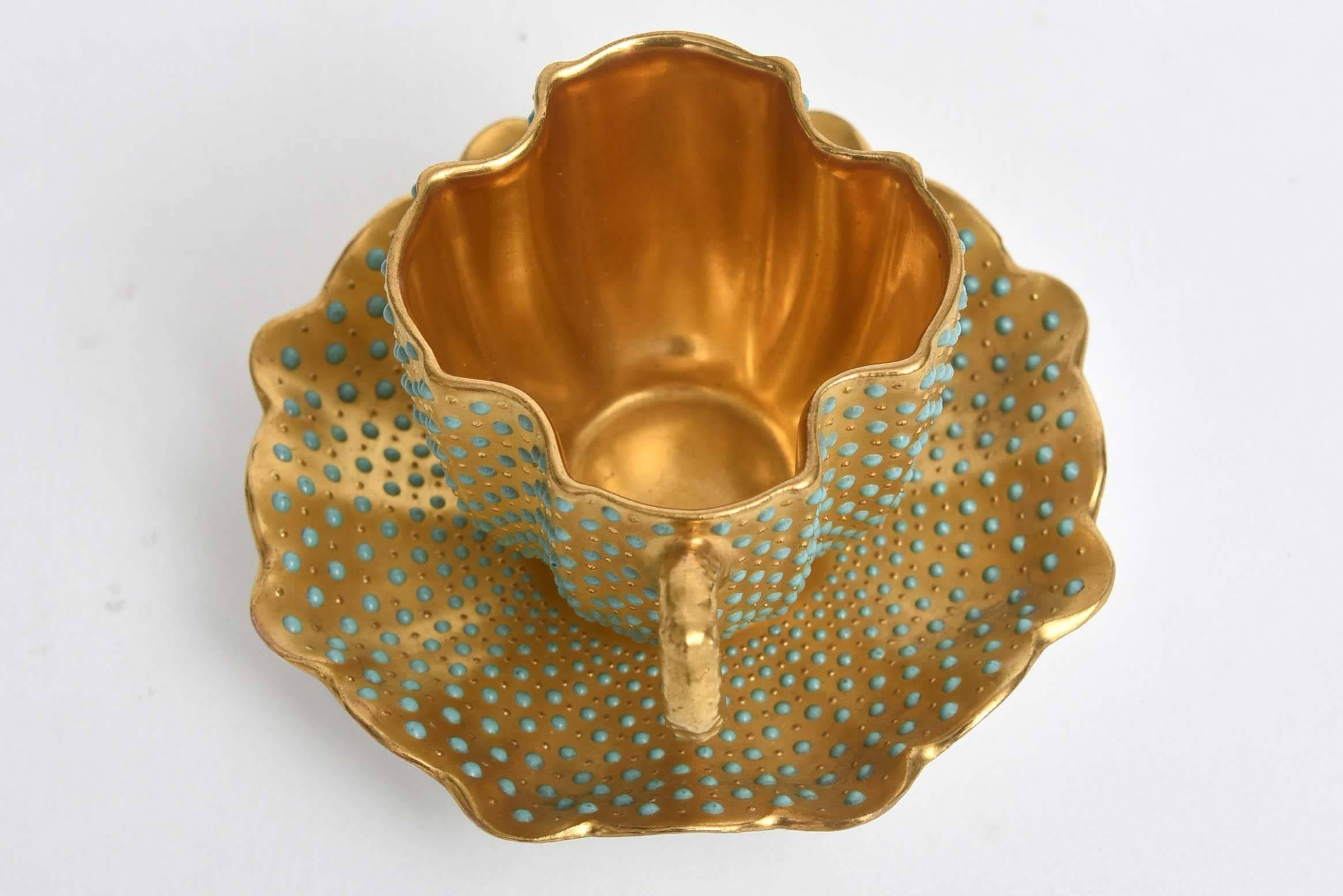 Hand-Crafted Rare Jeweled All-Over Gilt Demi Tasse Cup & Saucer, Coalport England, circa 1905