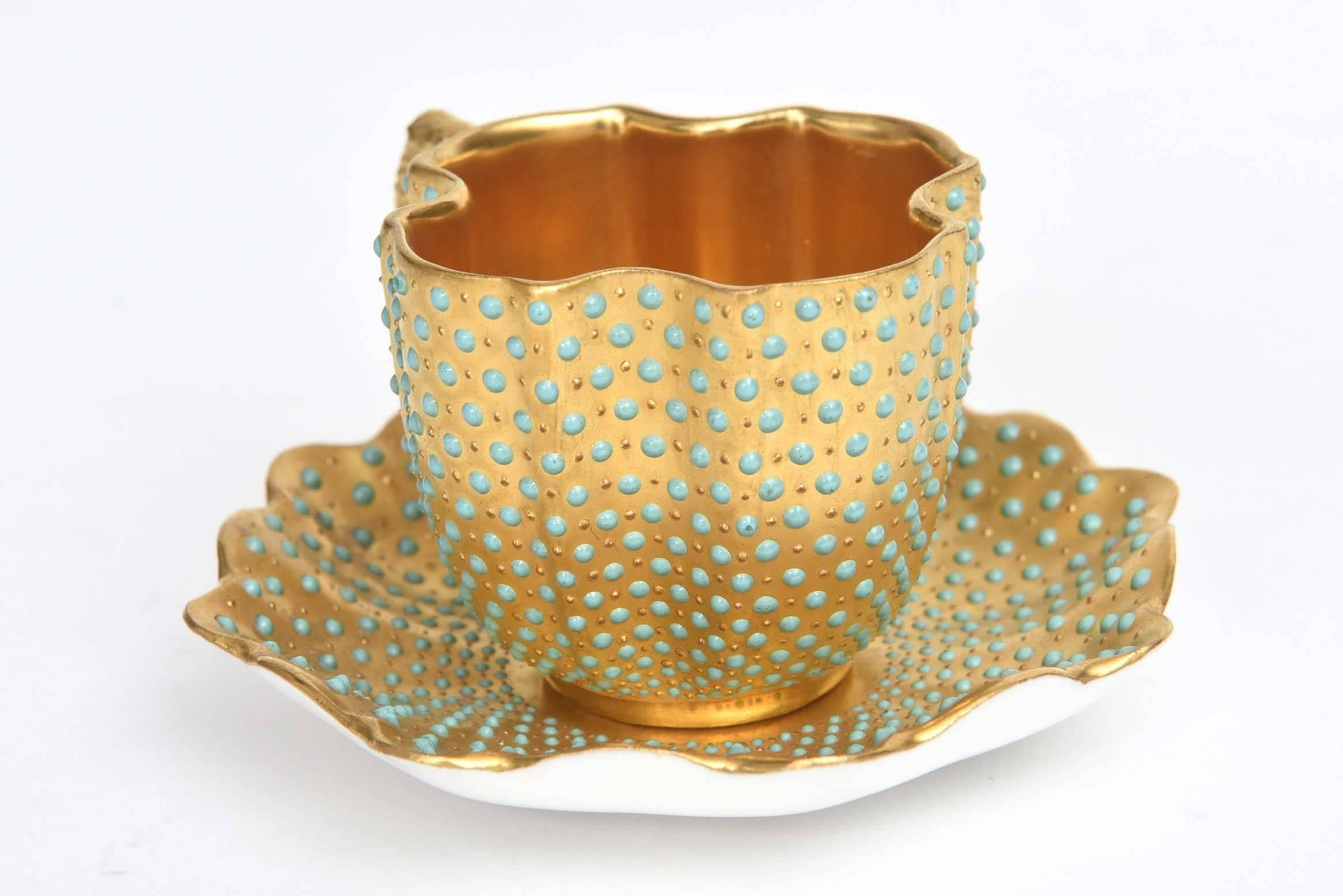 Rare Jeweled All-Over Gilt Demi Tasse Cup & Saucer, Coalport England, circa 1905 In Good Condition In West Palm Beach, FL