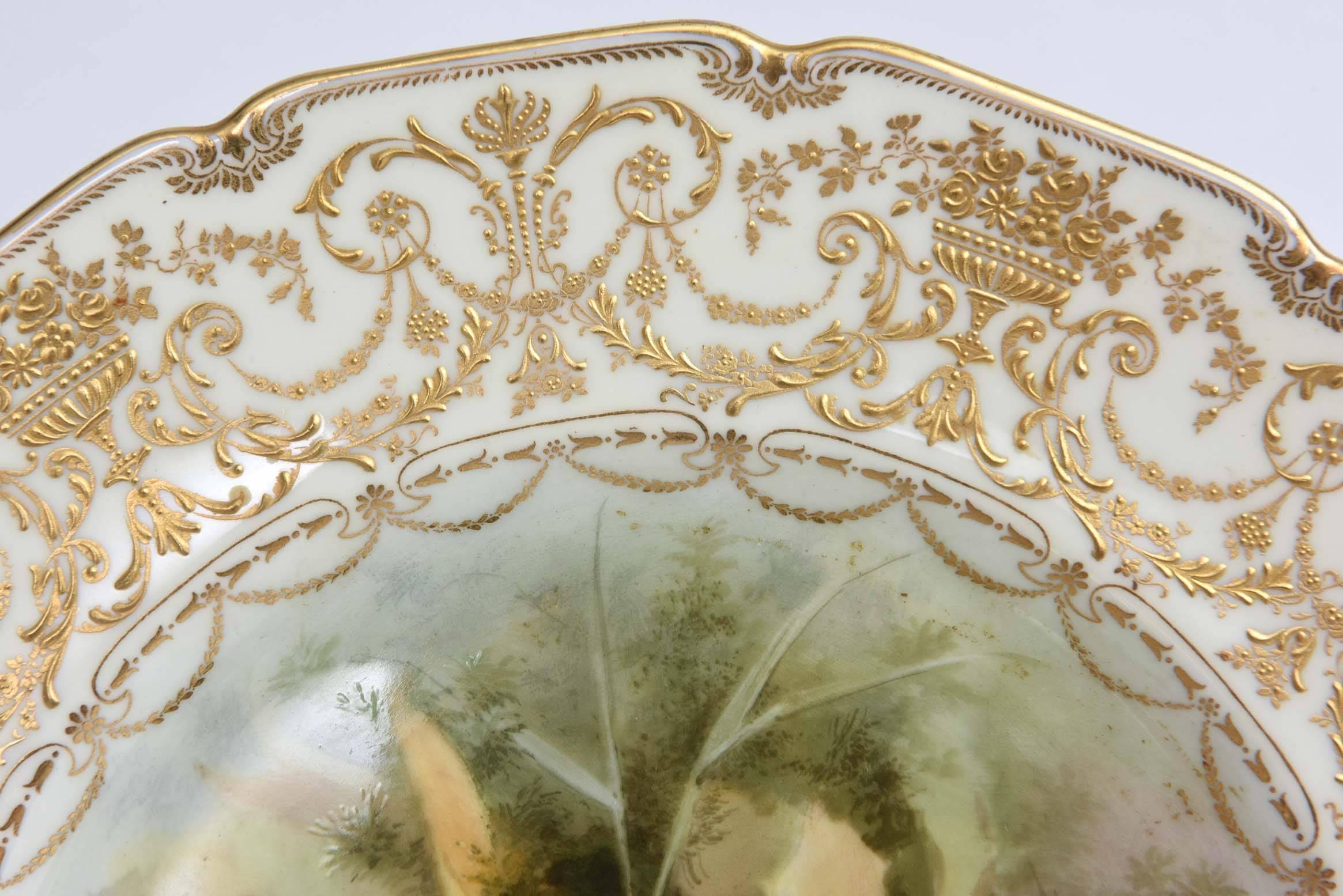 English Magnificent Set of 12 Orchid Presentation Plates, Ornate and Elaborately Gilded For Sale