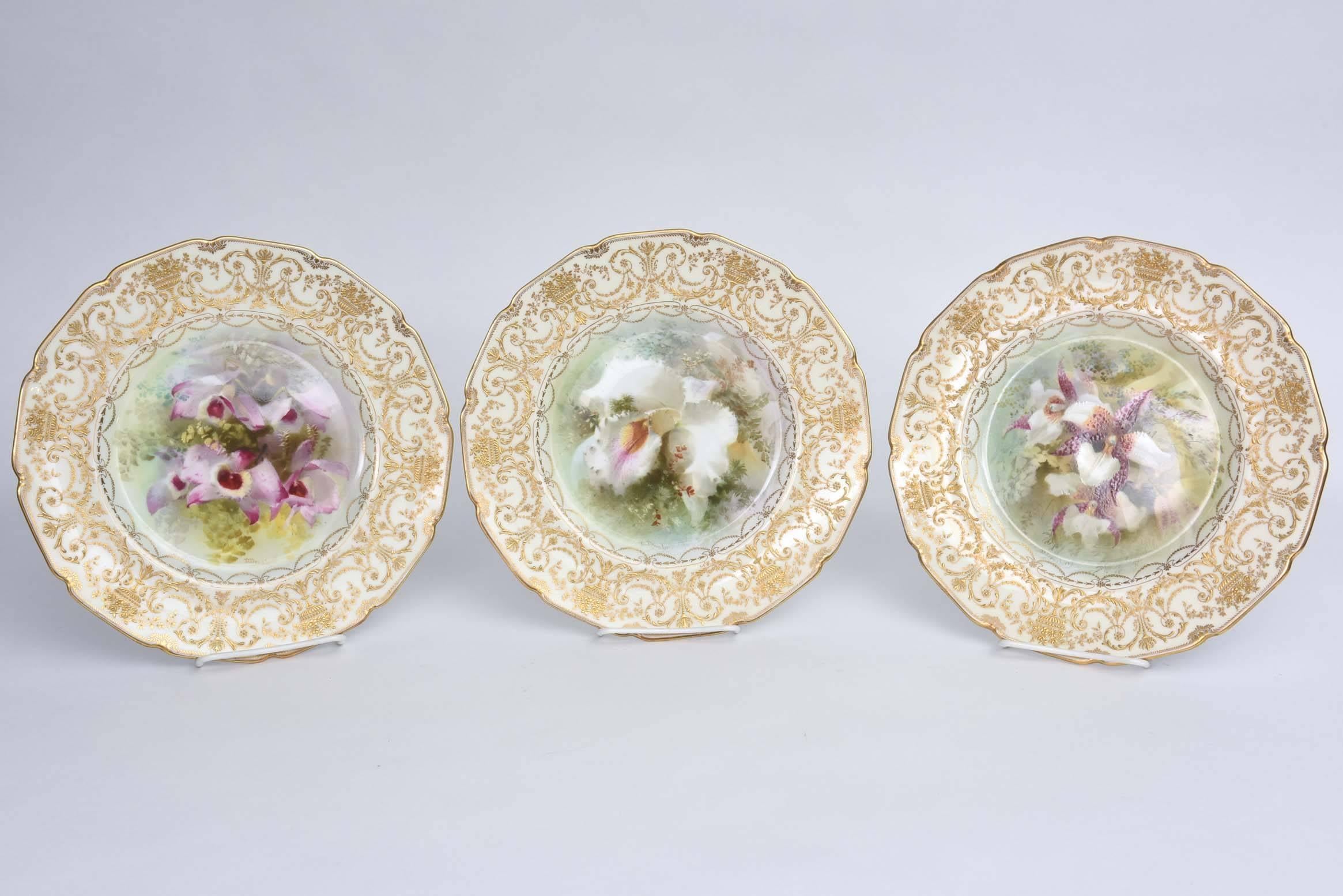 Early 20th Century Magnificent Set of 12 Orchid Presentation Plates, Ornate and Elaborately Gilded For Sale