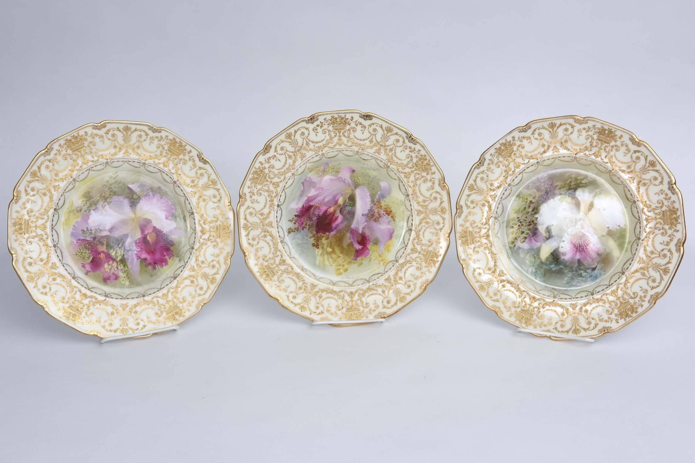 24k Gold Magnificent Set of 12 Orchid Presentation Plates, Ornate and Elaborately Gilded For Sale