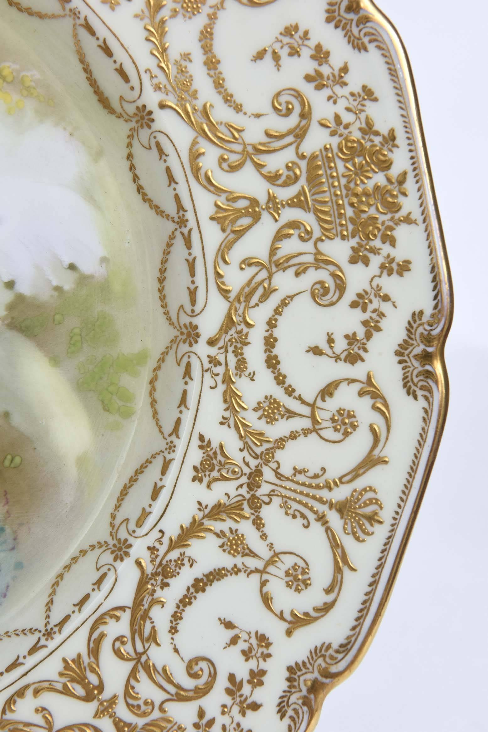 Magnificent Set of 12 Orchid Presentation Plates, Ornate and Elaborately Gilded For Sale 1