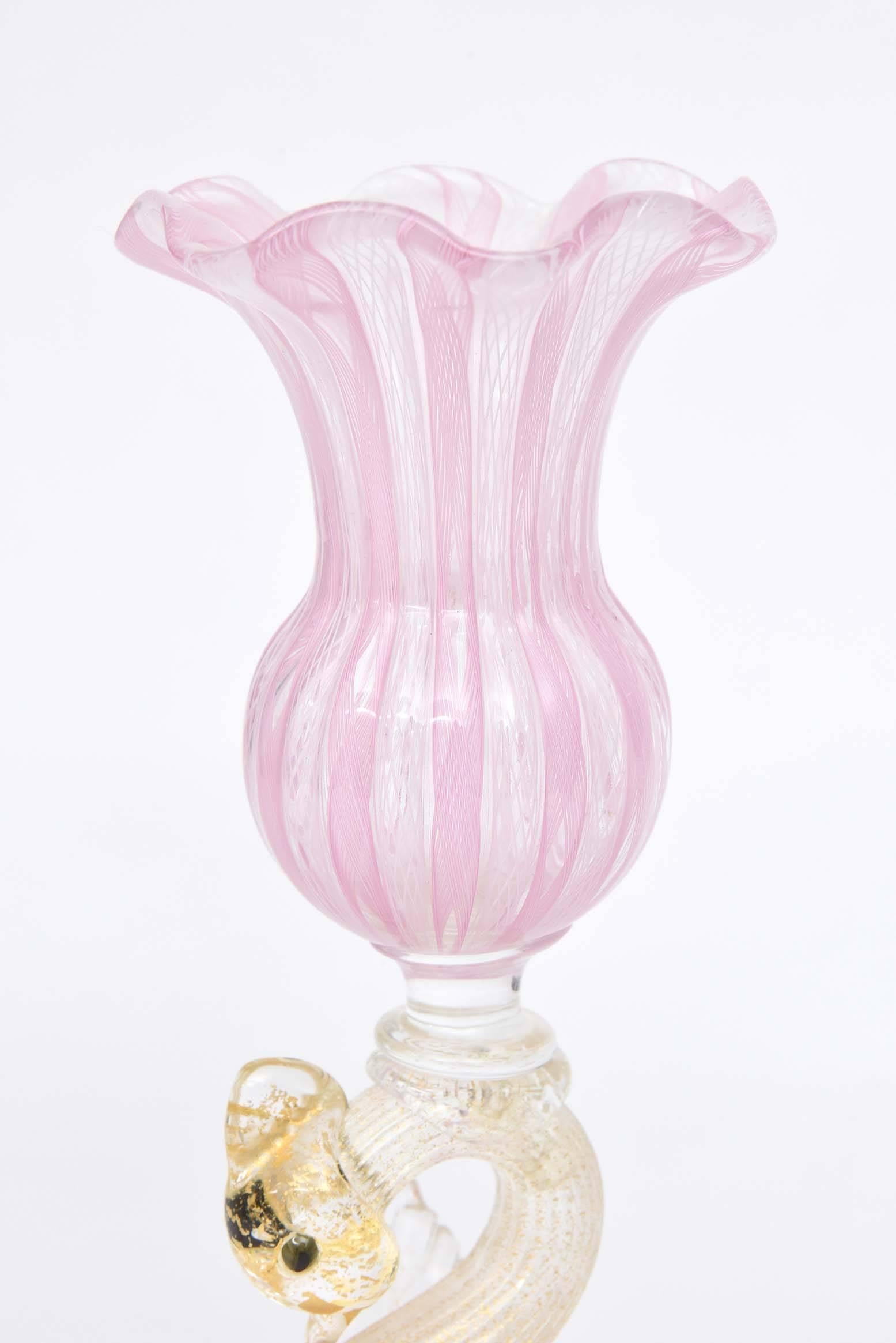 Italian Pair of Venetian Glass Candlesticks, Pink and White Latticino with Figural Swans