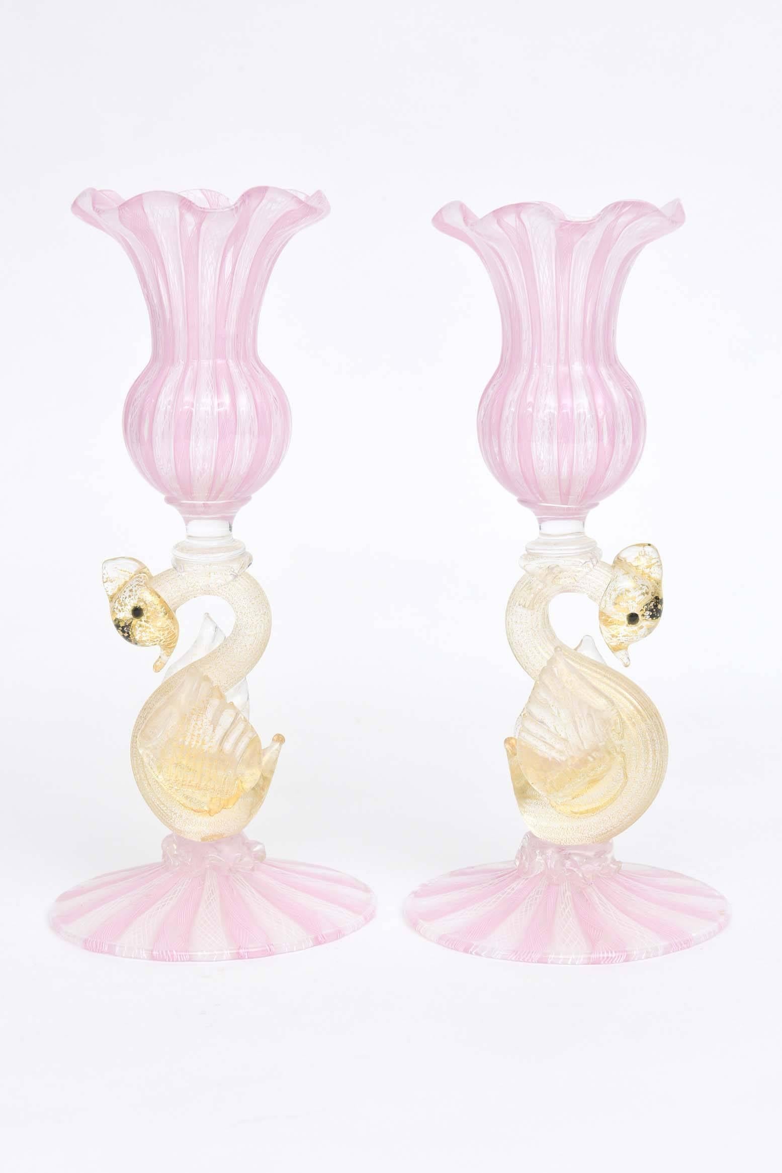 Hand-Crafted Pair of Venetian Glass Candlesticks, Pink and White Latticino with Figural Swans