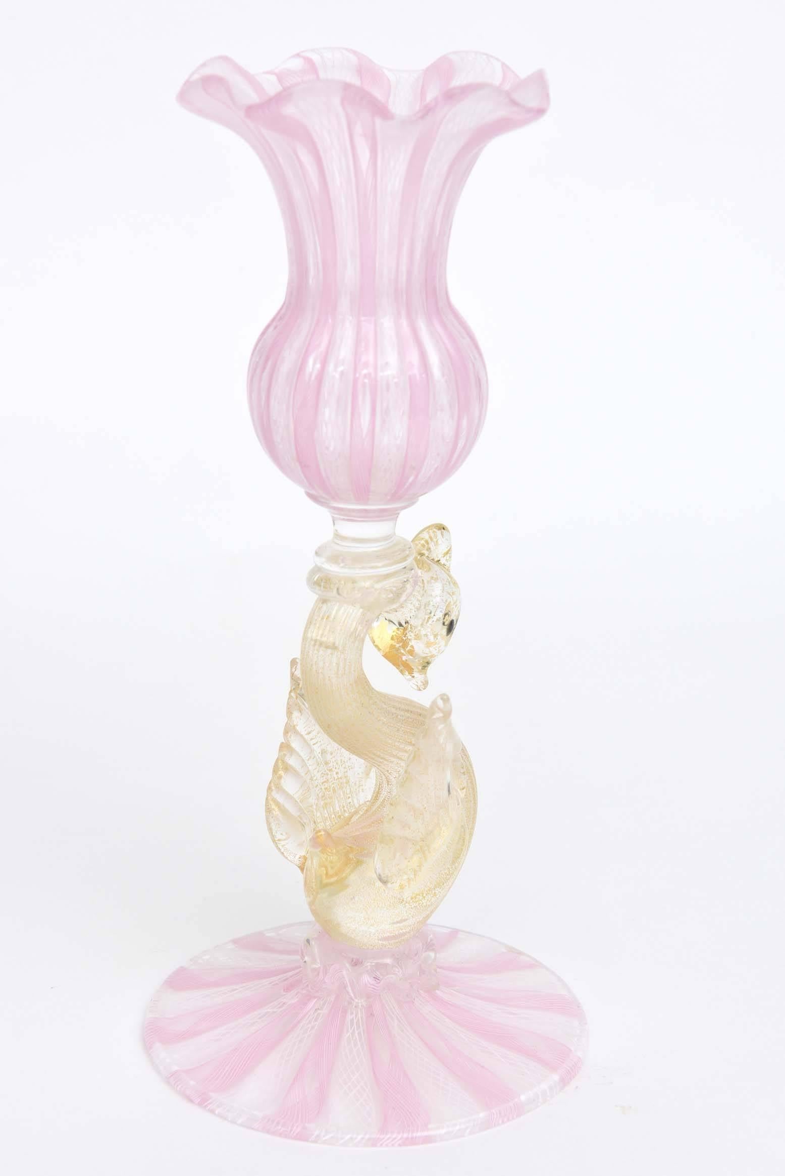 Mid-20th Century Pair of Venetian Glass Candlesticks, Pink and White Latticino with Figural Swans