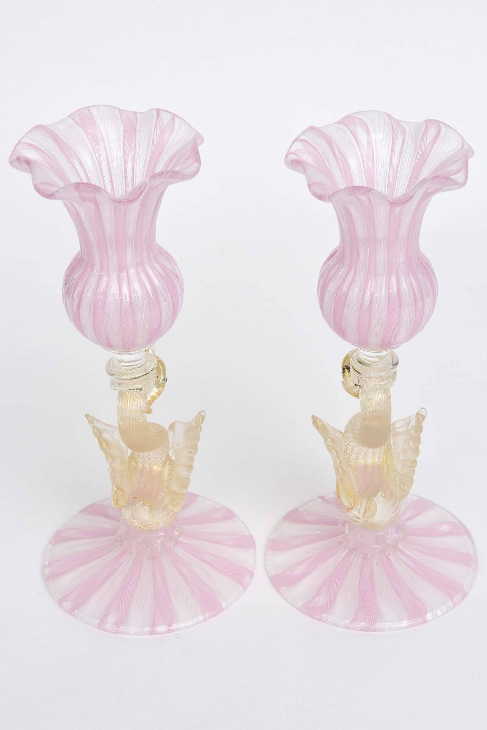 Blown Glass Pair of Venetian Glass Candlesticks, Pink and White Latticino with Figural Swans