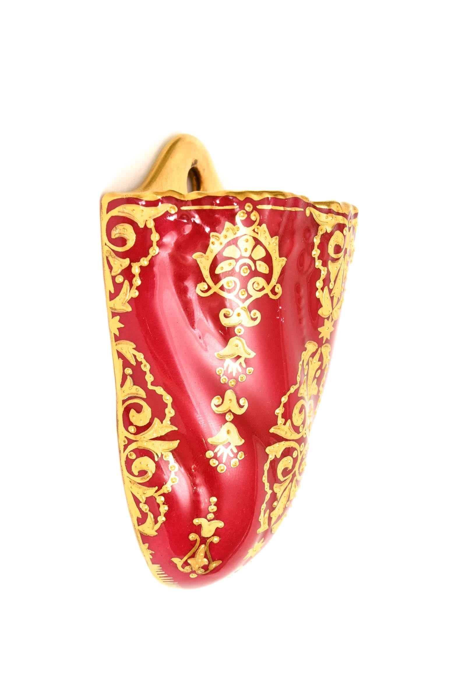 Hand-Painted Charming Wall Pocket by Coalport, England, a Ruby Red and Gilt Encrusted Jem