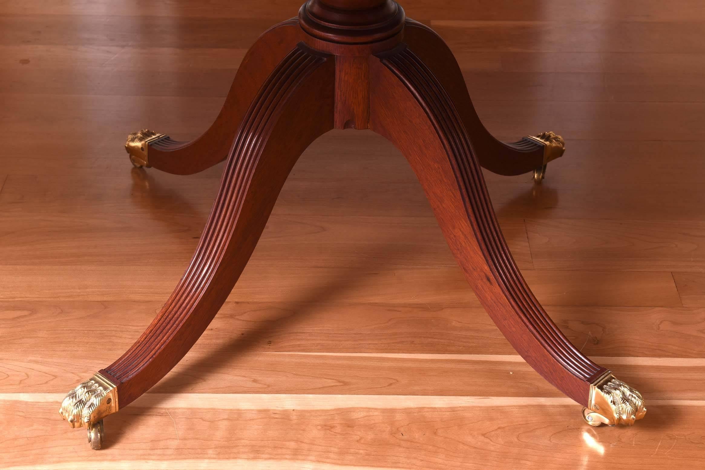 Regency Impressive Long Solid Mahogany Dining Room Table, Triple Pedestal, Inlaid Band