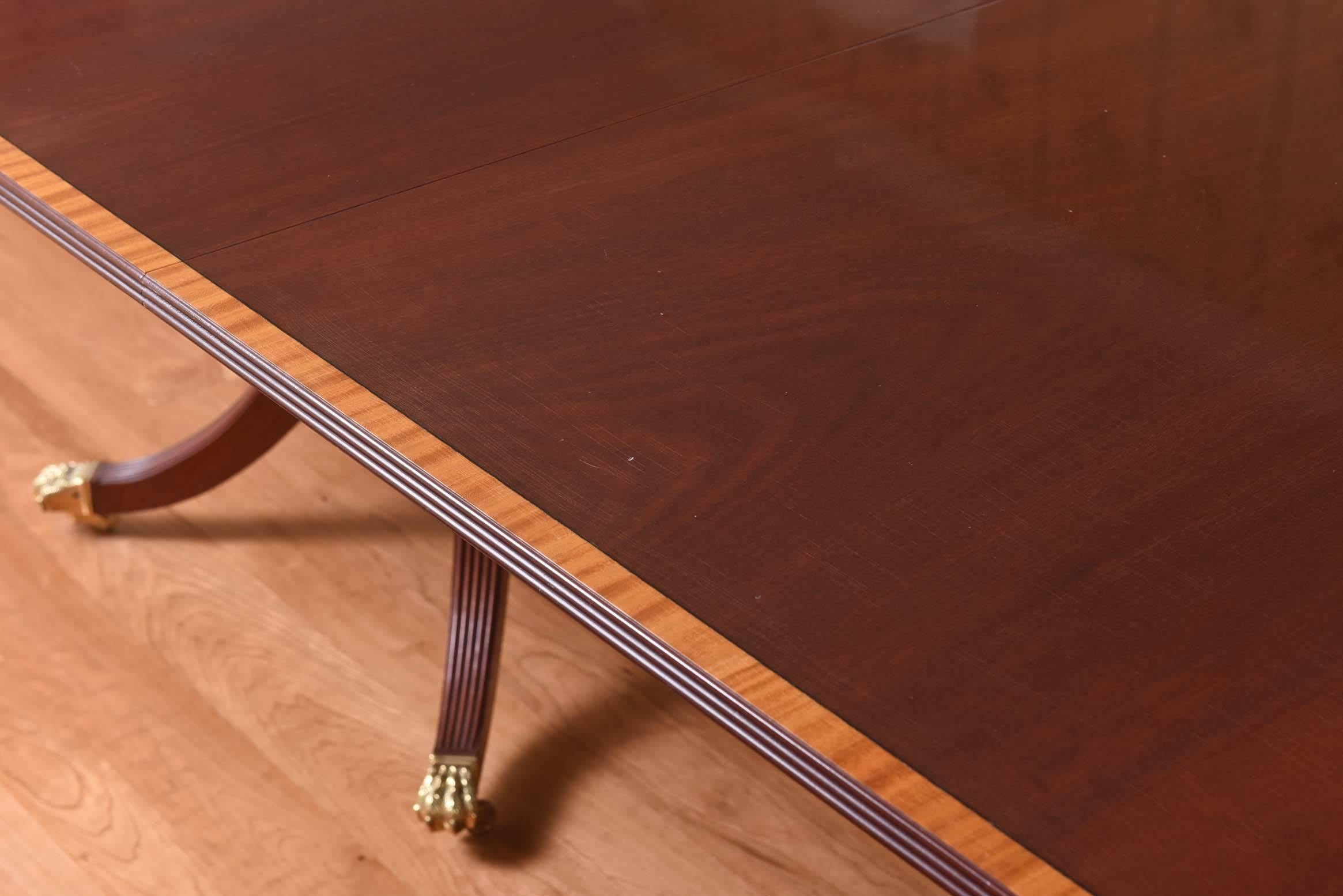 Late 20th Century Impressive Long Solid Mahogany Dining Room Table, Triple Pedestal, Inlaid Band