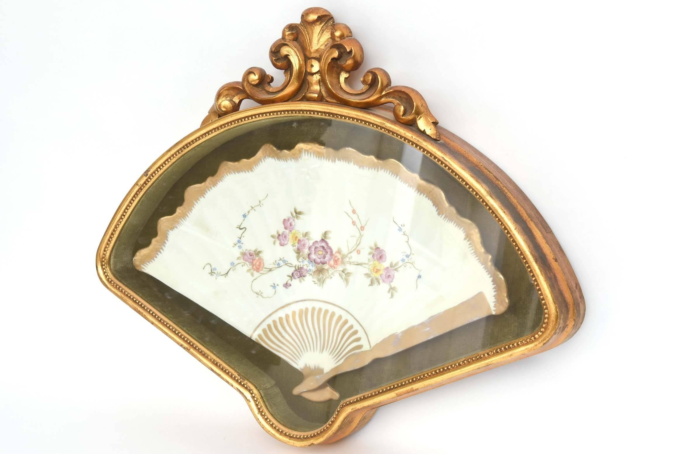 French Antique Decorative Wall Object, Porcelain Fan in Custom Green Velour Shadow Case