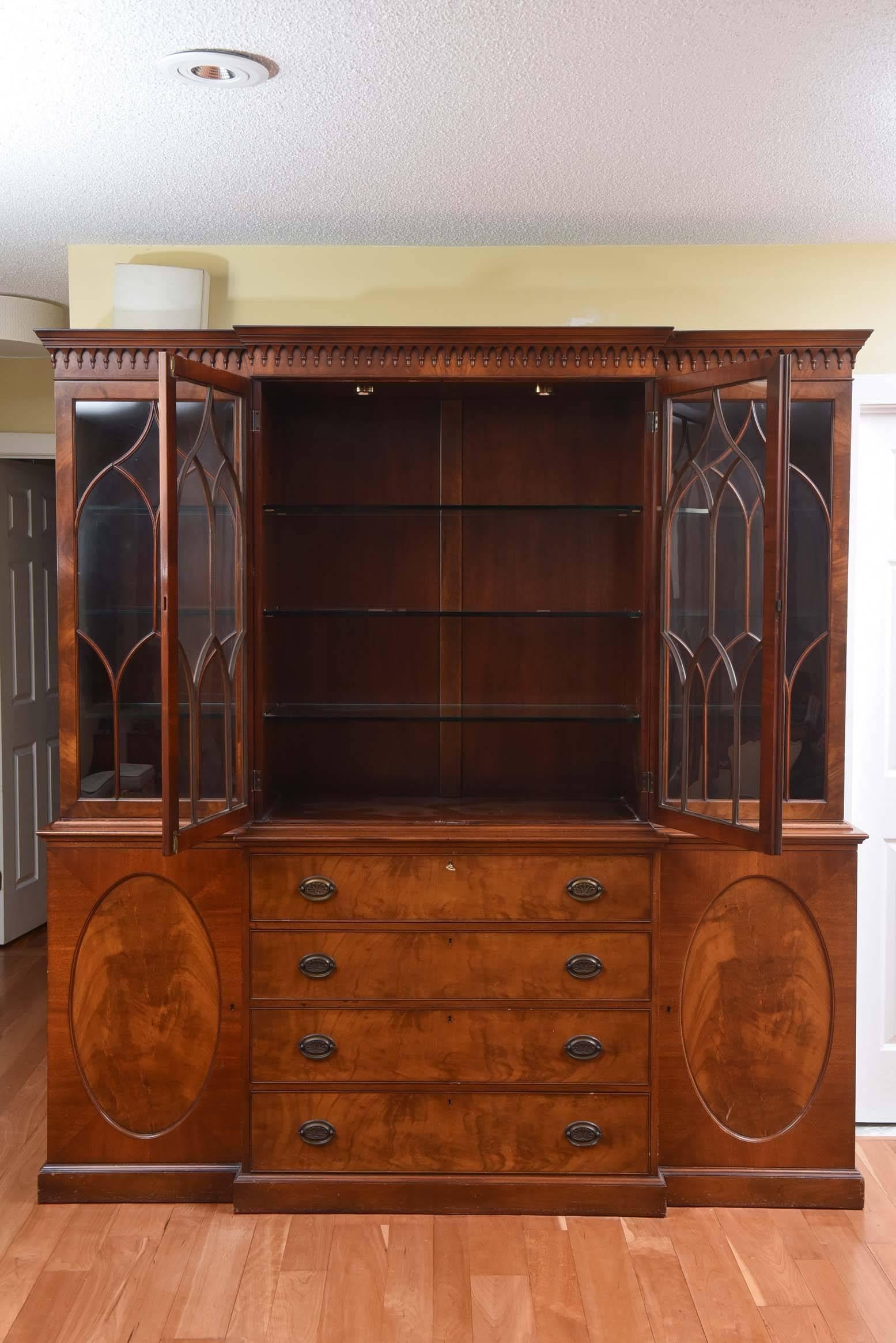 Massive Custom Semi Antique Breakfront Cabinet Mahogany Inlaid with Great Detail In Good Condition In West Palm Beach, FL