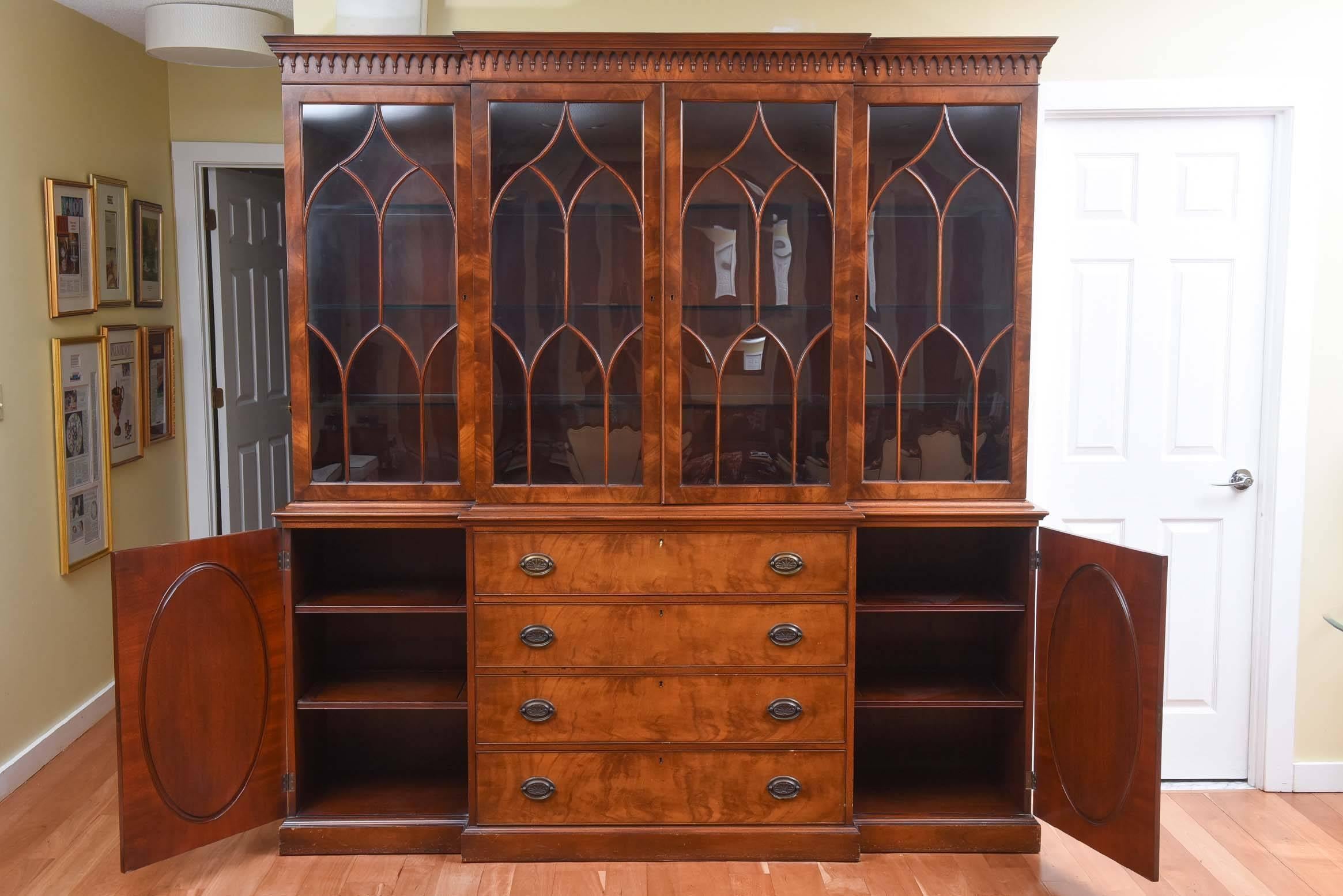 Brass Massive Custom Semi Antique Breakfront Cabinet Mahogany Inlaid with Great Detail