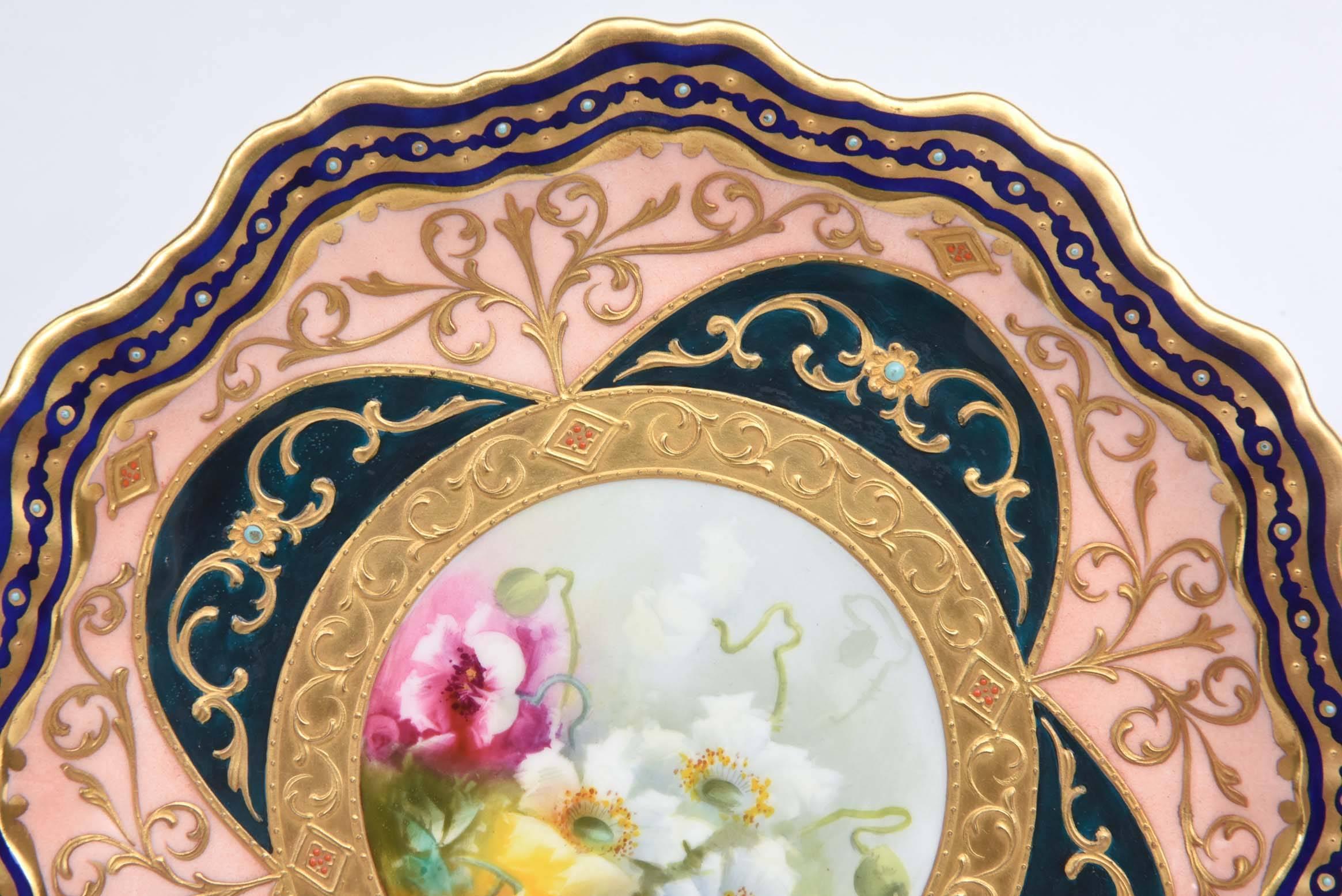 Late Victorian Exquisite and Elaborate Cabinet or Display Plates Pair, Fine Art Gilt Encrusted