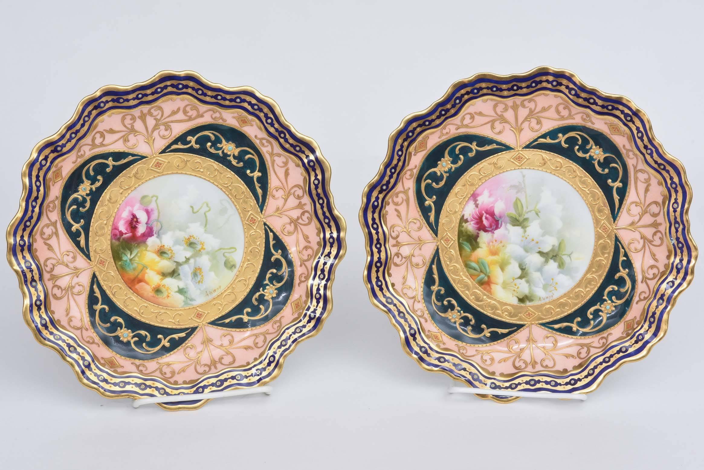 24k Gold Exquisite and Elaborate Cabinet or Display Plates Pair, Fine Art Gilt Encrusted