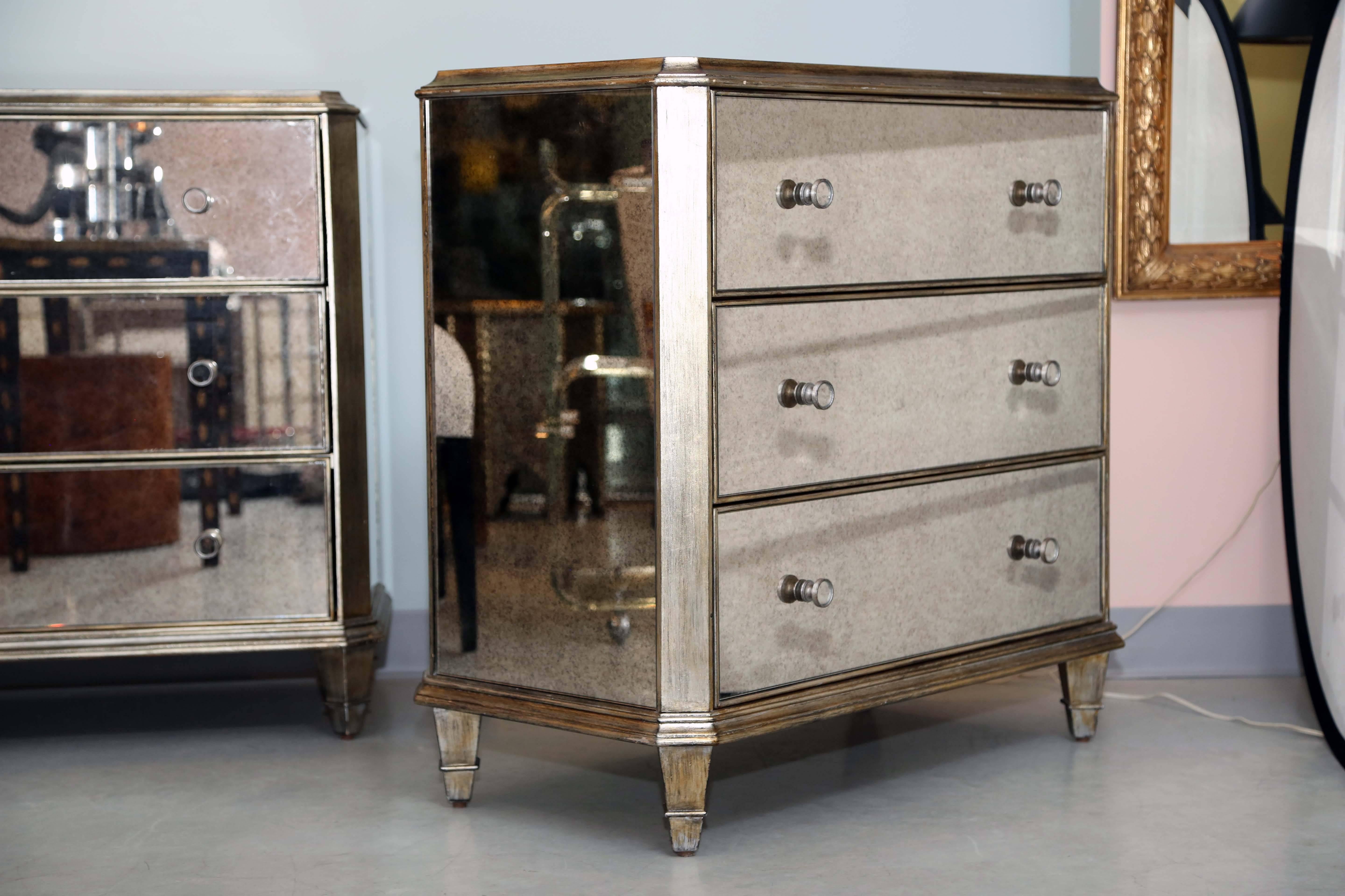 Late 20th Century Vintage, Pair of Mirrored Dressers, Silver Finish, Mirrored on Three Sides