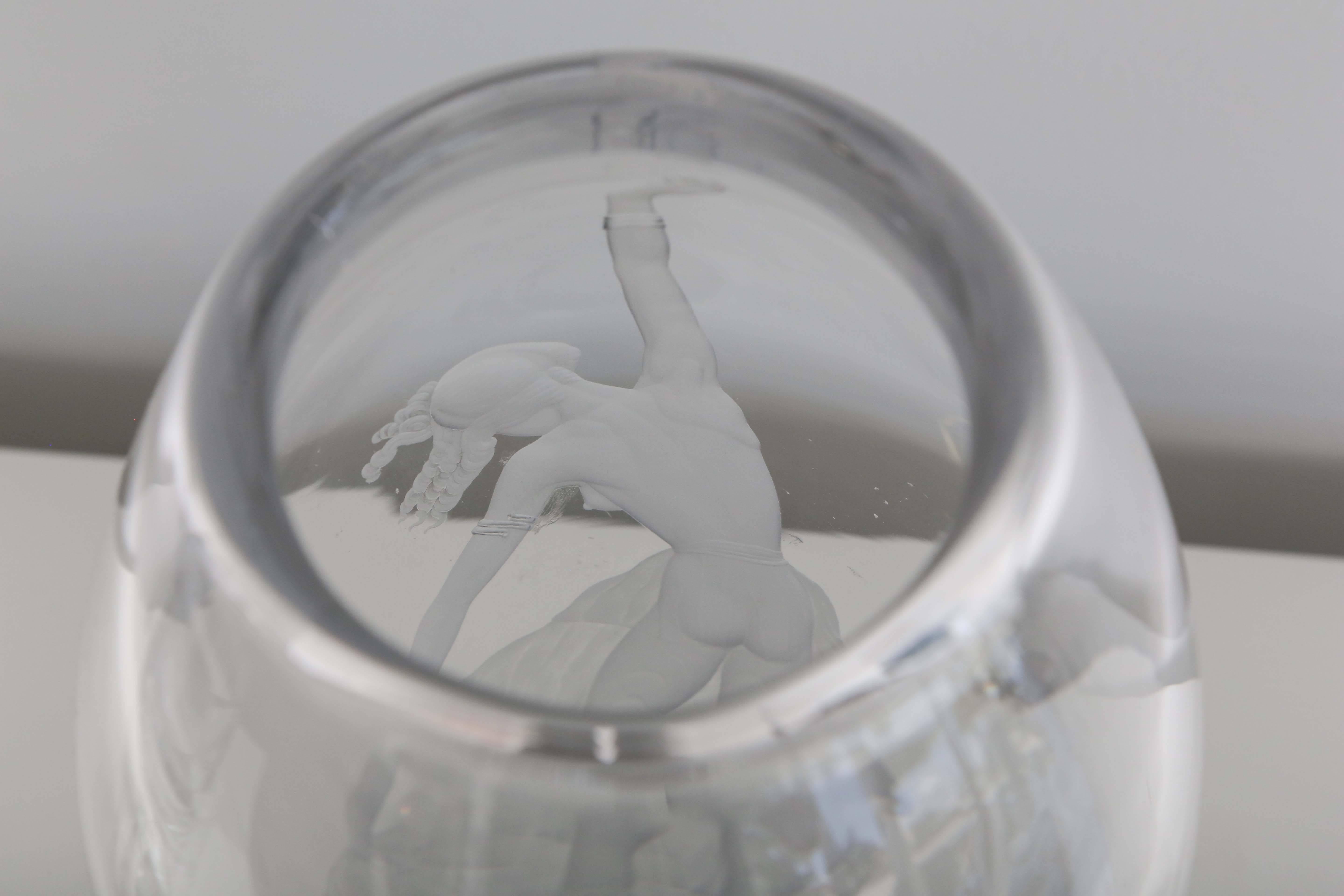Rare Orrefors glass vase with acid etched java dancer in motion.