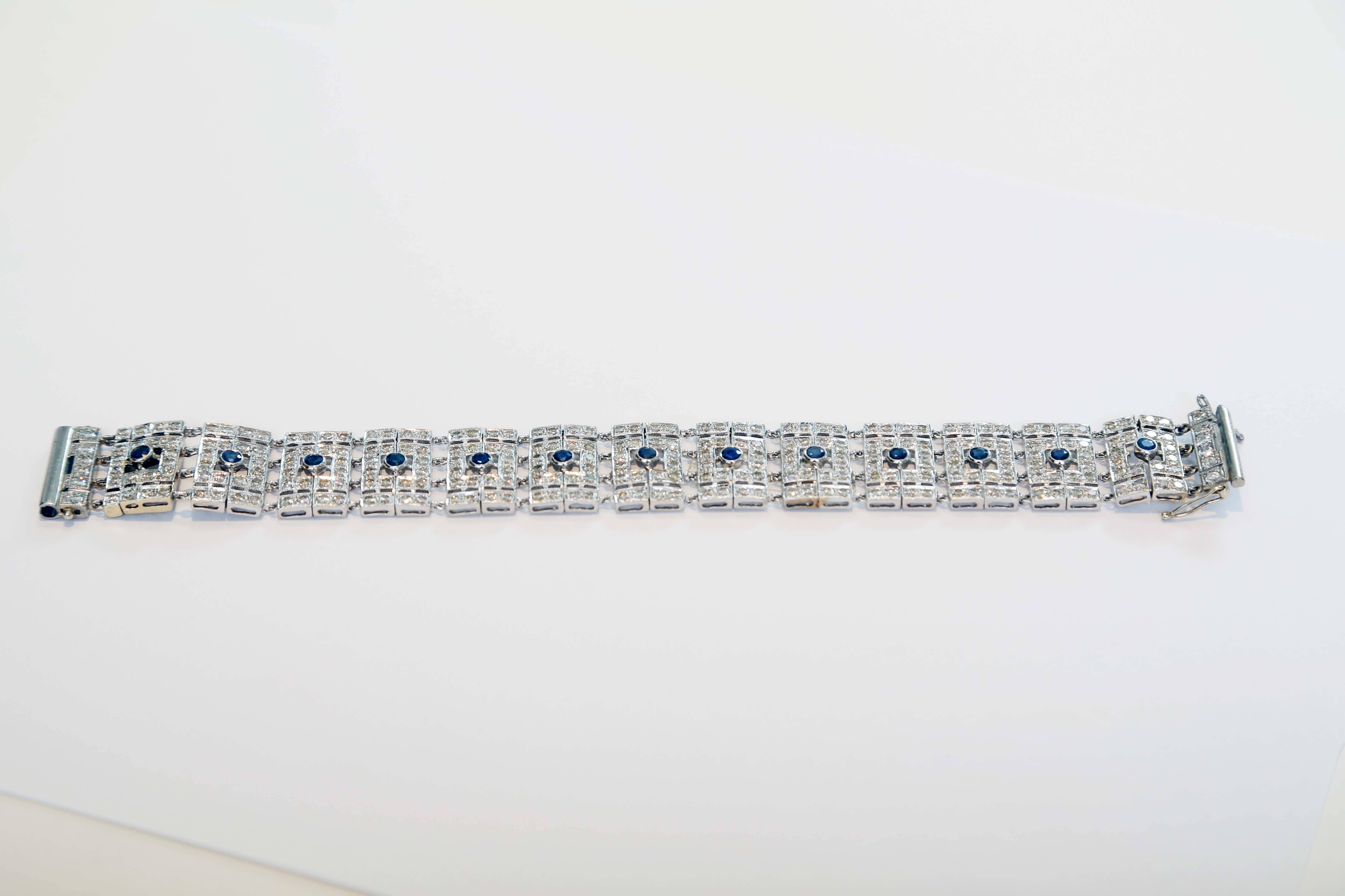 Stunning 18 carat white gold bracelet set with sapphires and diamonds.
16.32-carat of diamonds.
3.25-carats of sapphires.
 