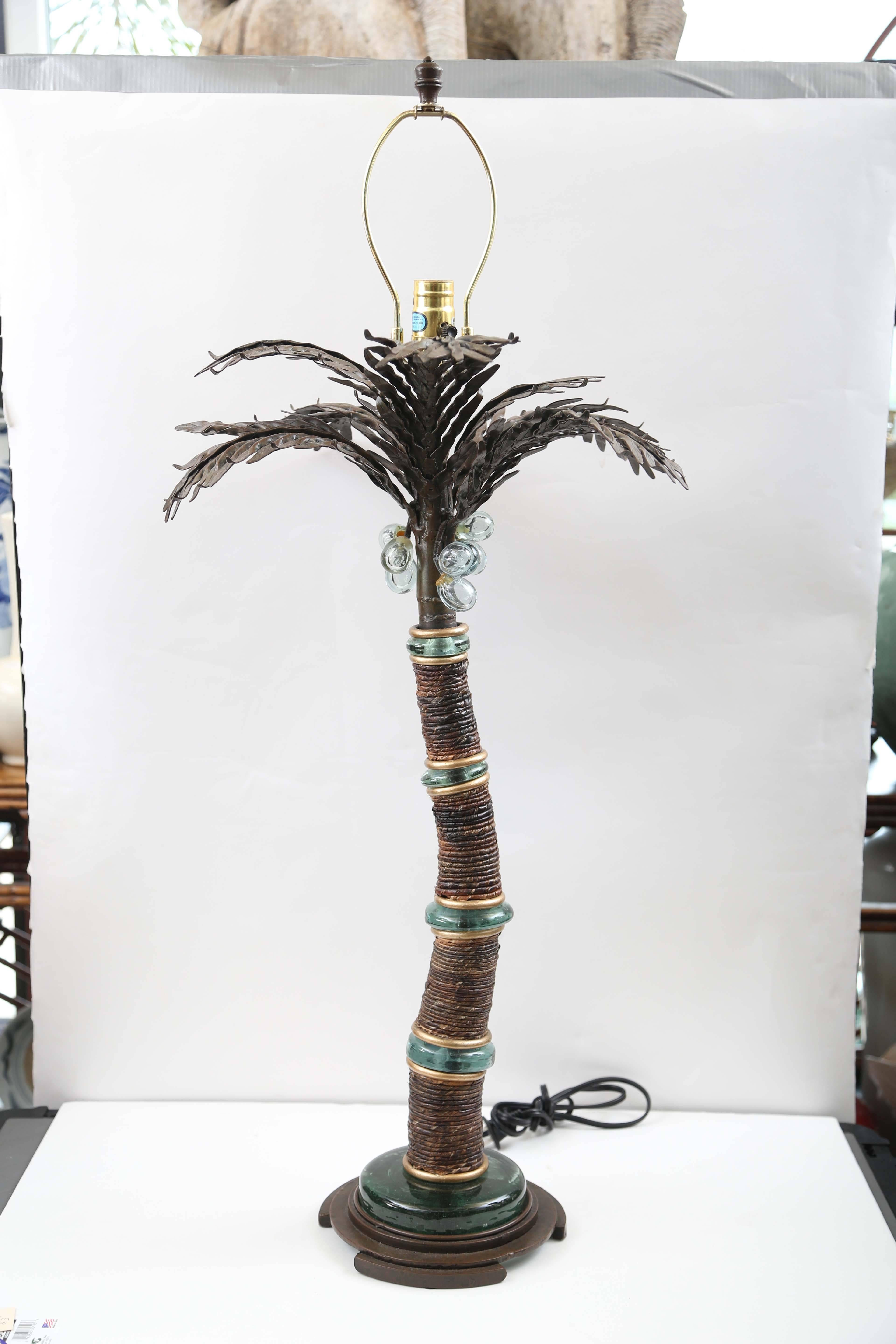 Pair of Vintage Bronze and Glass Palm Tree Lamps 2