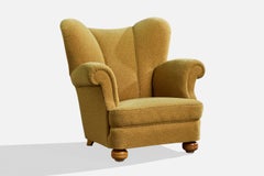Swedish Designer, Lounge Chair, Fabric, Wood, Sweden, 1940s