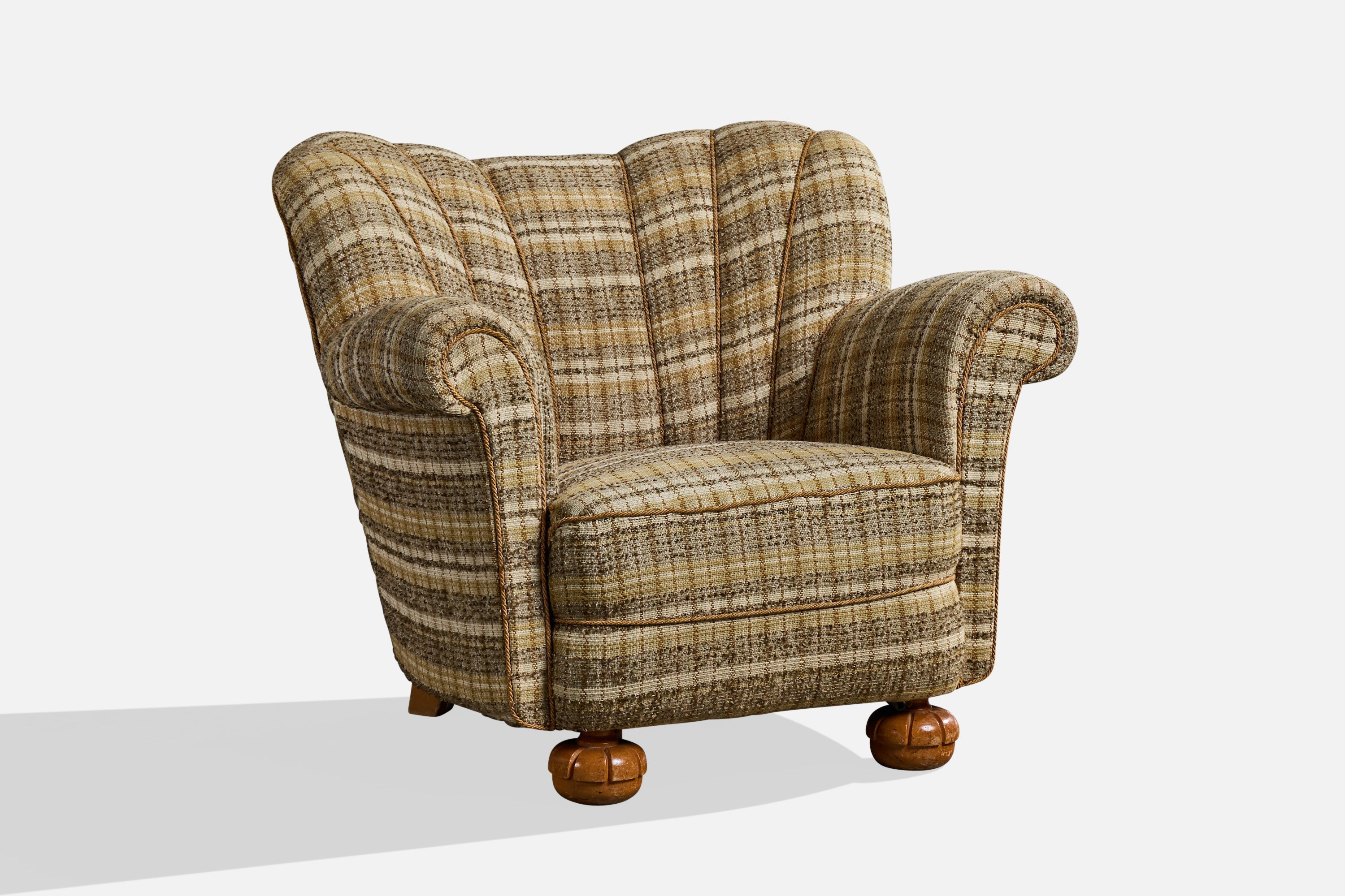 Swedish Designer, Lounge Chair, Fabric, Wood, Sweden, 1940s