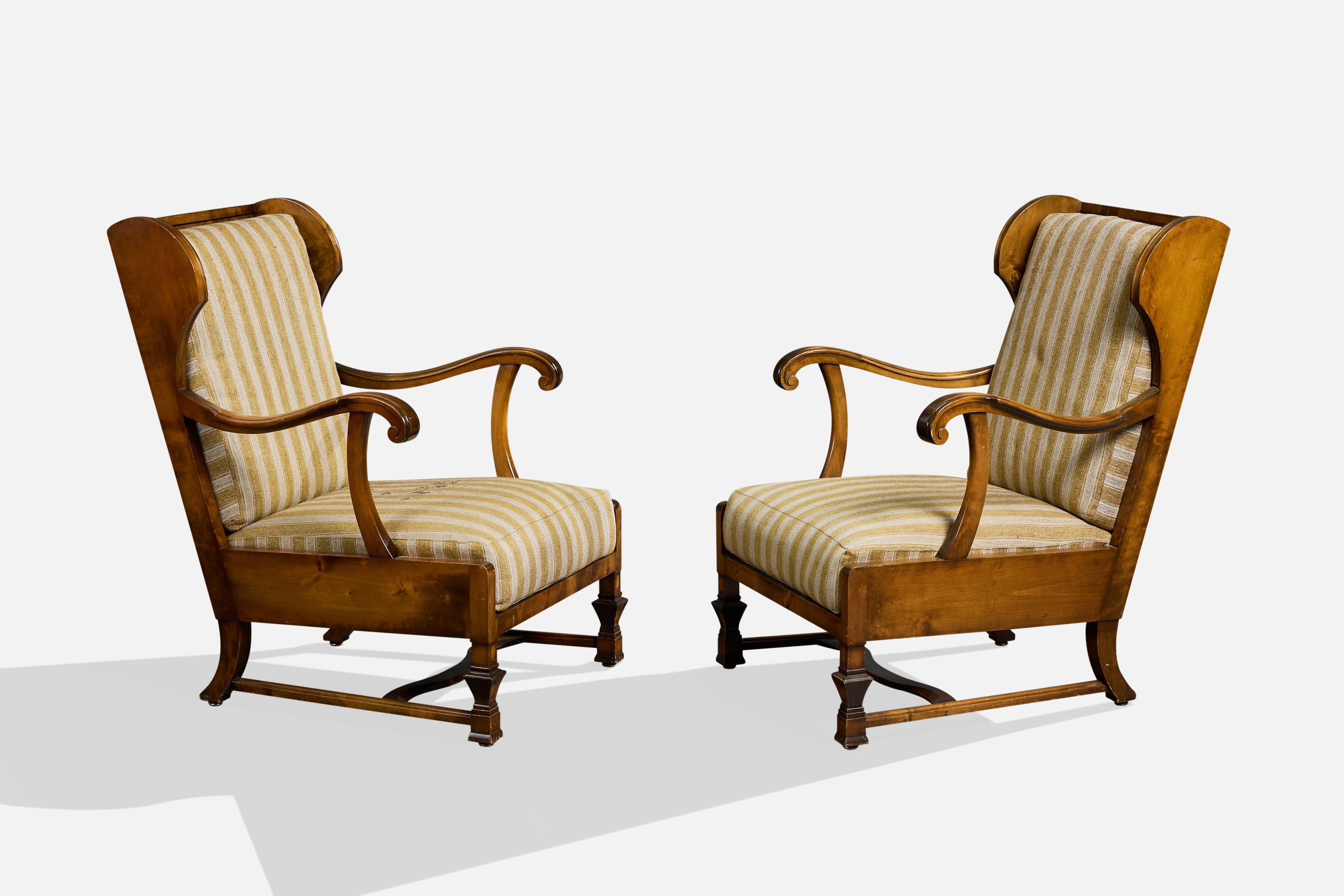 Axel Bäck Attribution, Lounge Chairs, Birch, Fabric, Sweden, 1920s For Sale