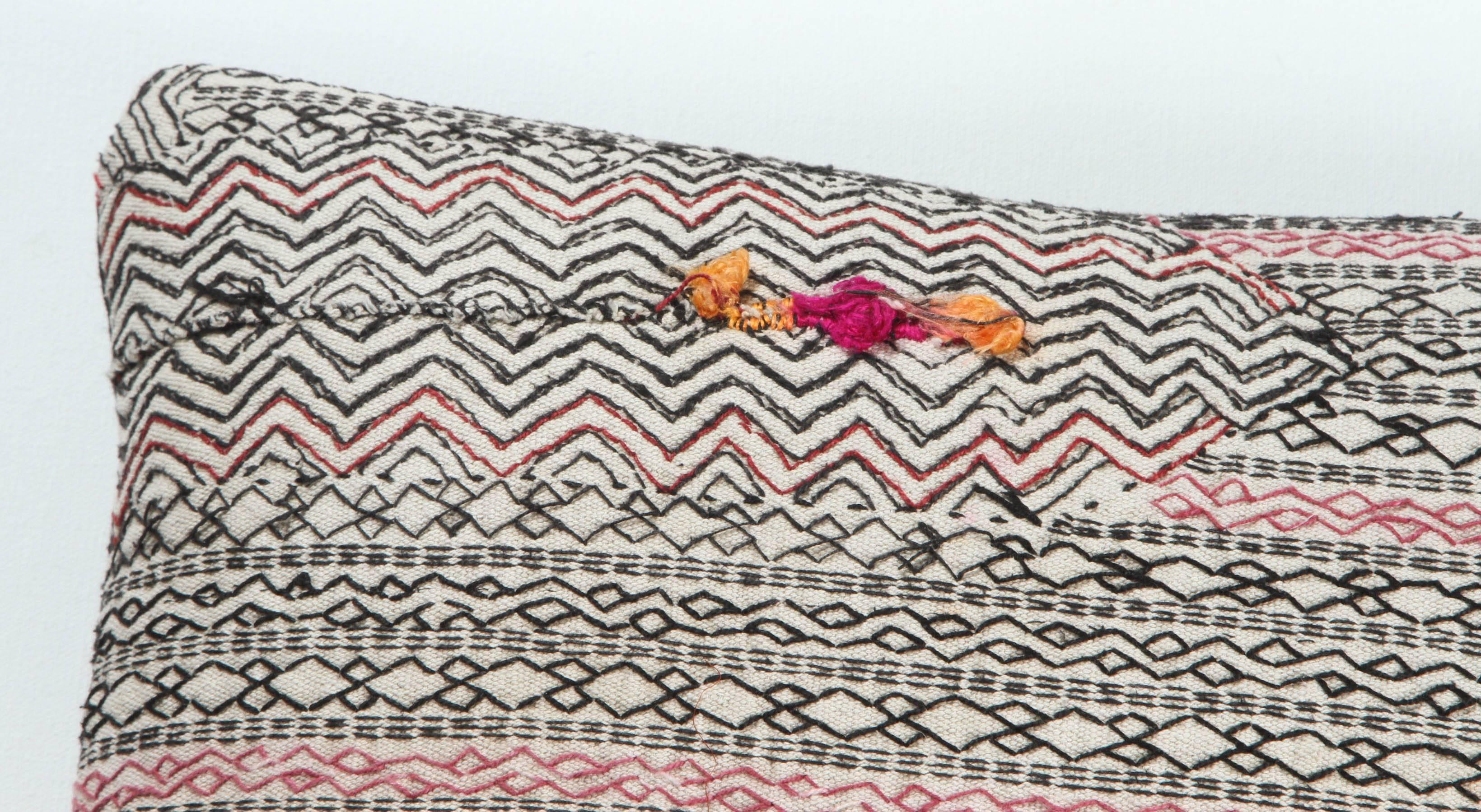 Vintage cotton on cotton embroidery producing a heavy quilted effect. Shades of black and white and (red). Small yellow and pink silk floss detail. Zig zag and geometric striped Vintage cotton on cotton embroidery producing a heavy quilted effect.