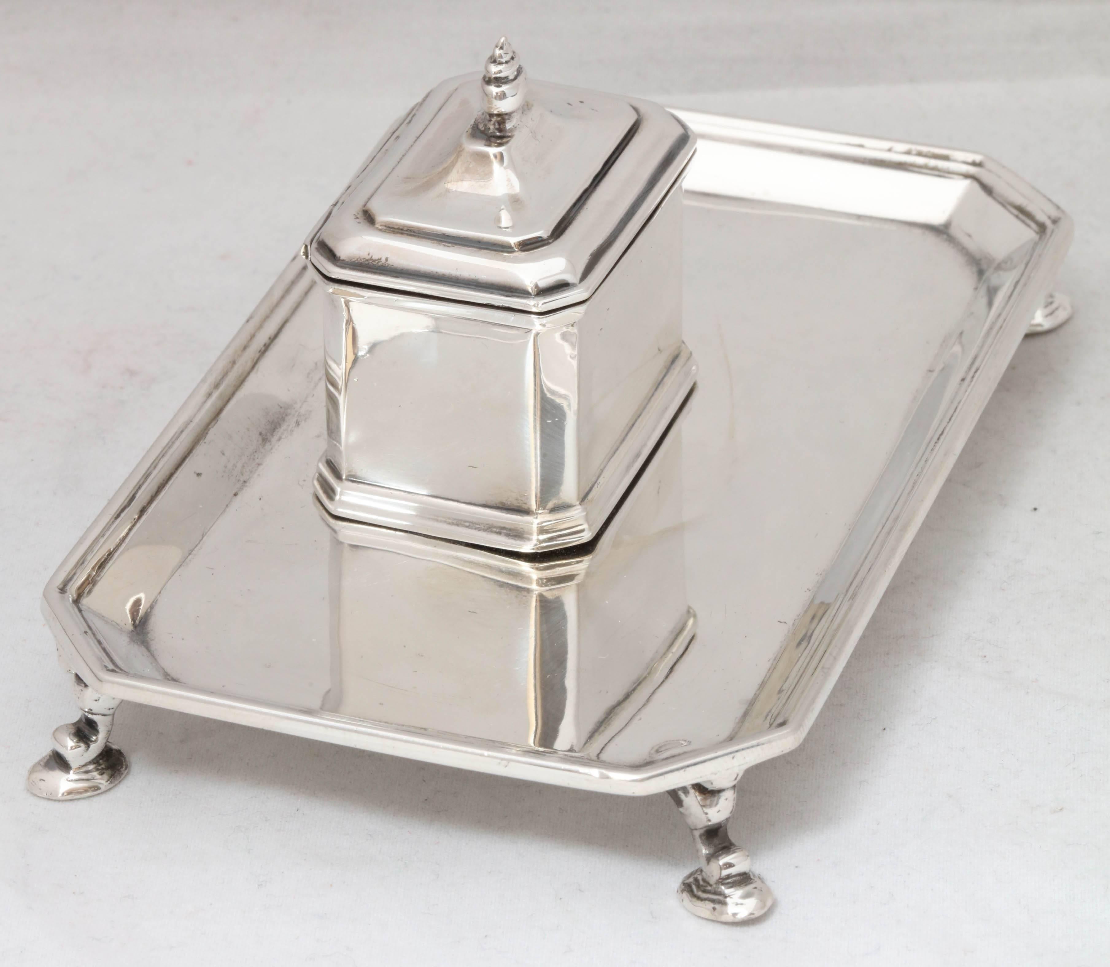 Early 20th Century Art Deco  All Sterling Silver Inkwell on Sterling Silver Footed Inkstand For Sale