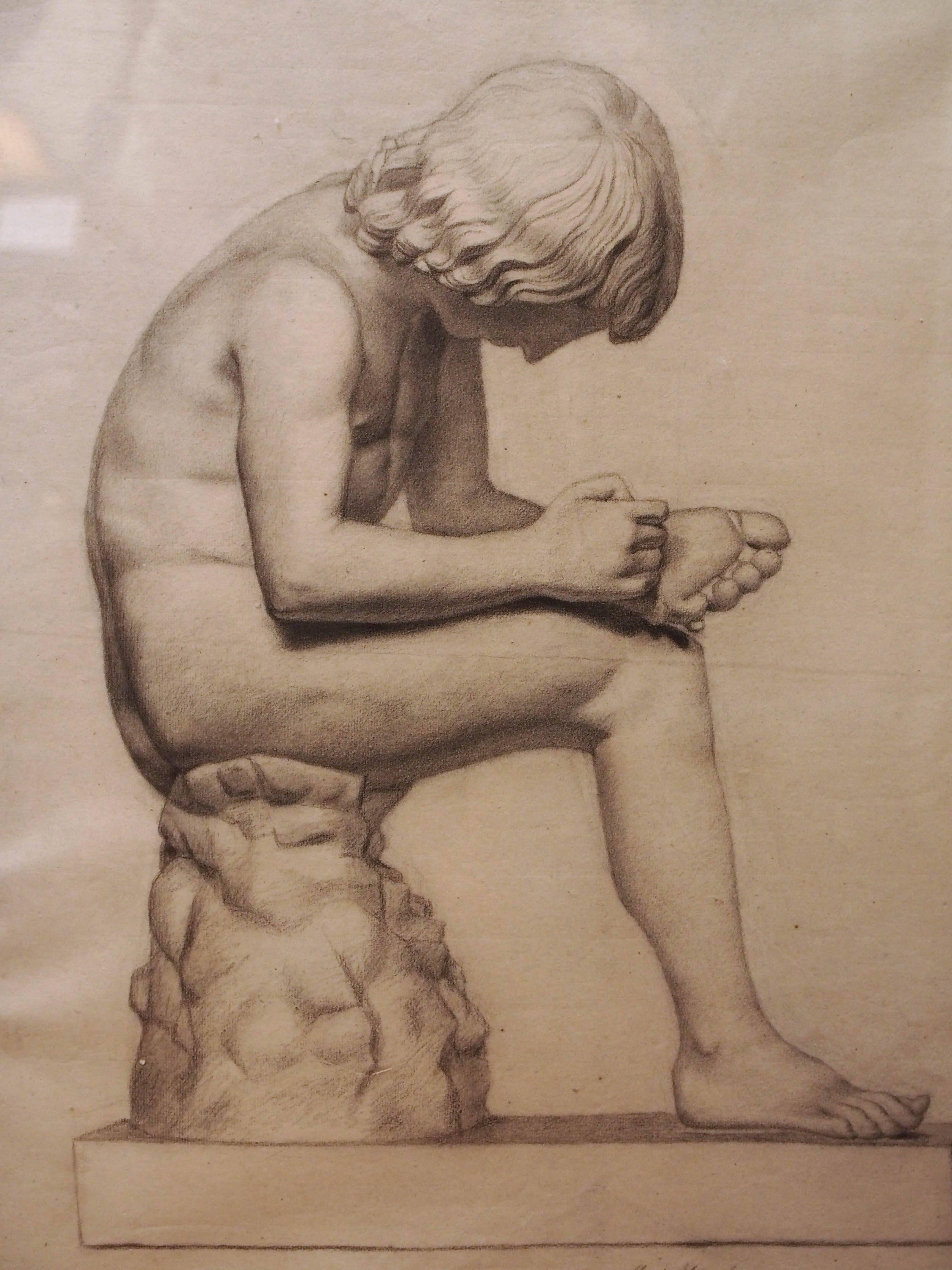 French Academy Drawing of Boy with thorn in his foot. Later frame and matting.
 