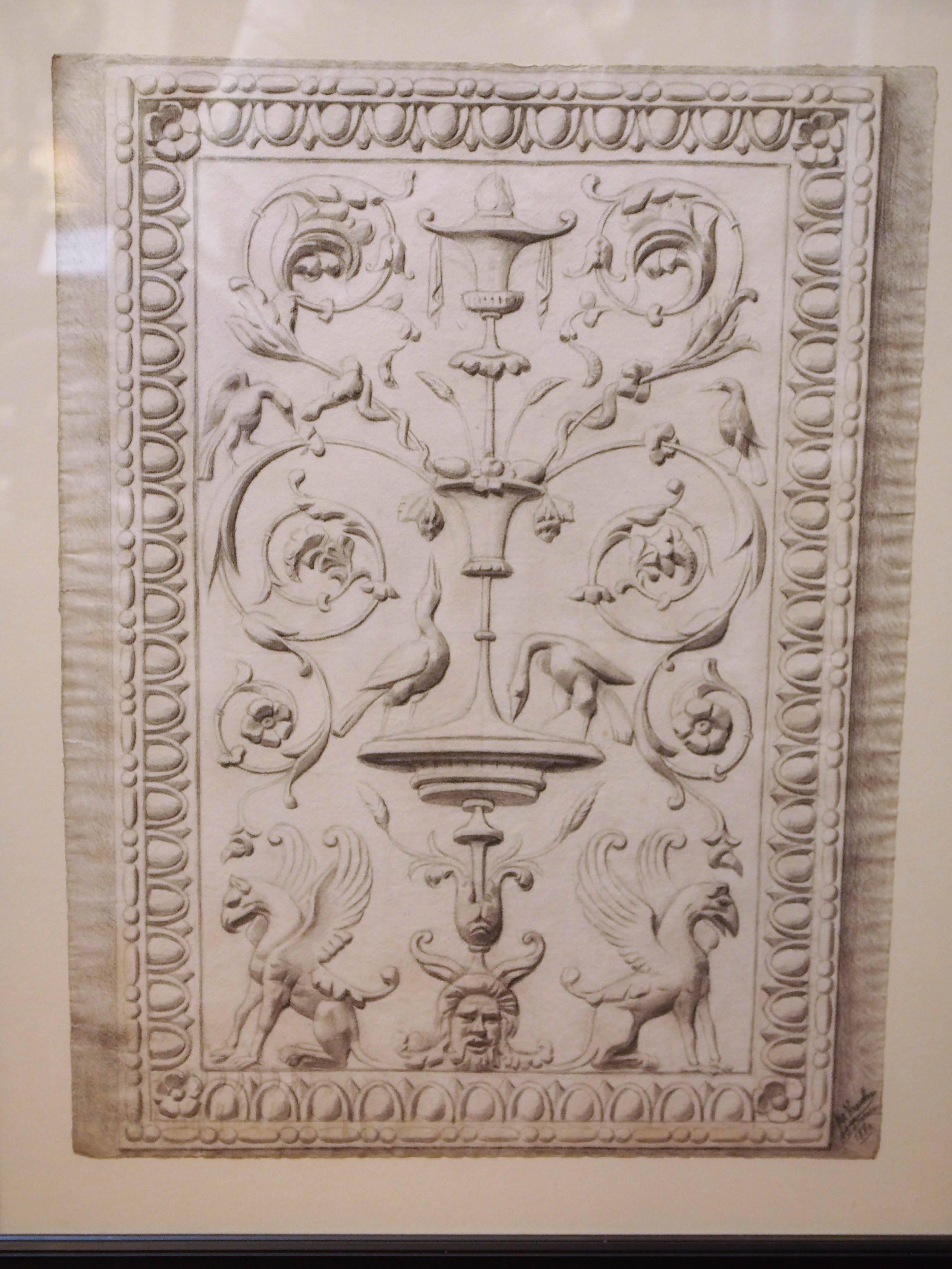 19th century drawing of a Classical bas relief panel on paper in later frame.