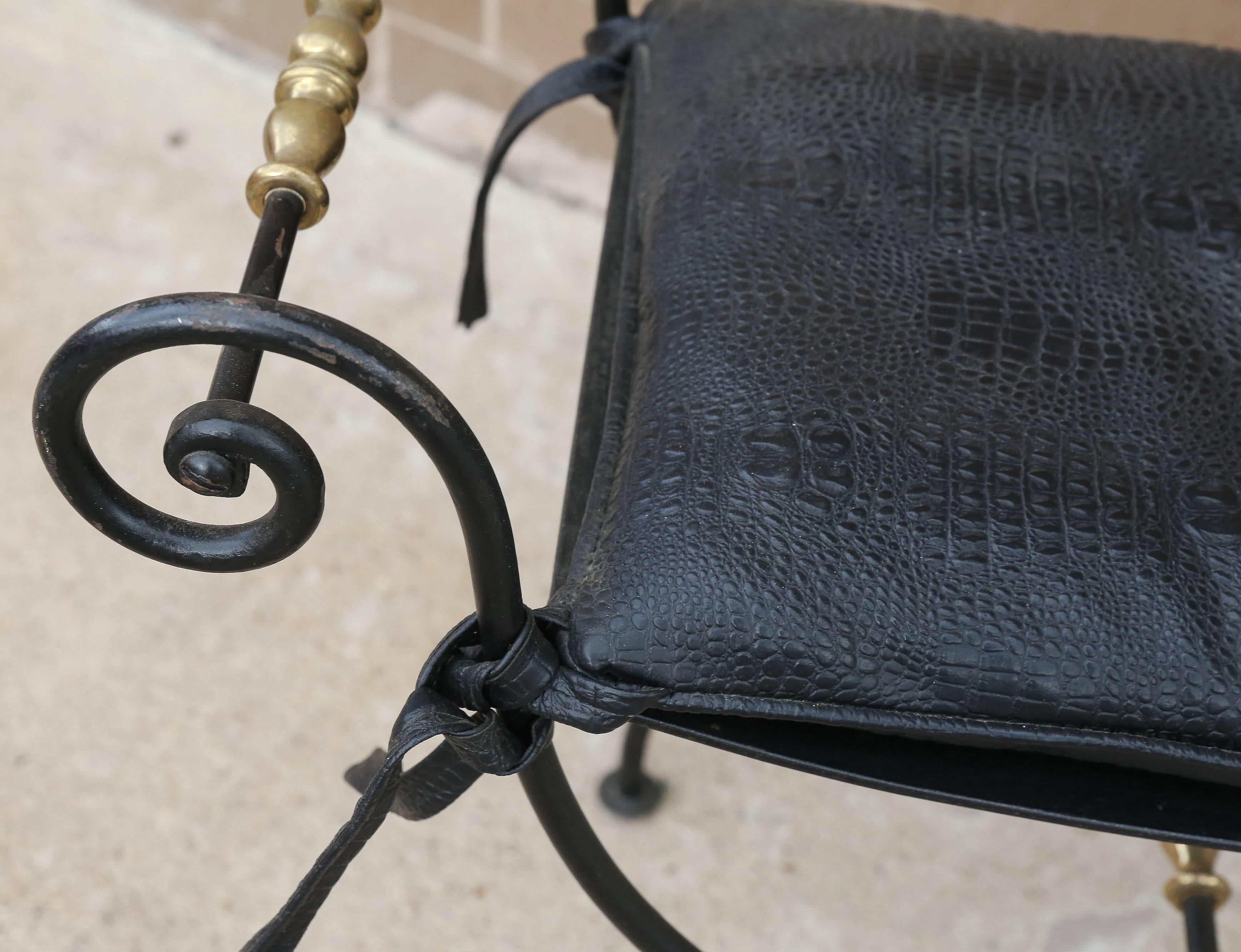 French Mid-Century Black Iron with Brass & Faux Croc Print Leather Cushion Stool In Good Condition In Houston, TX
