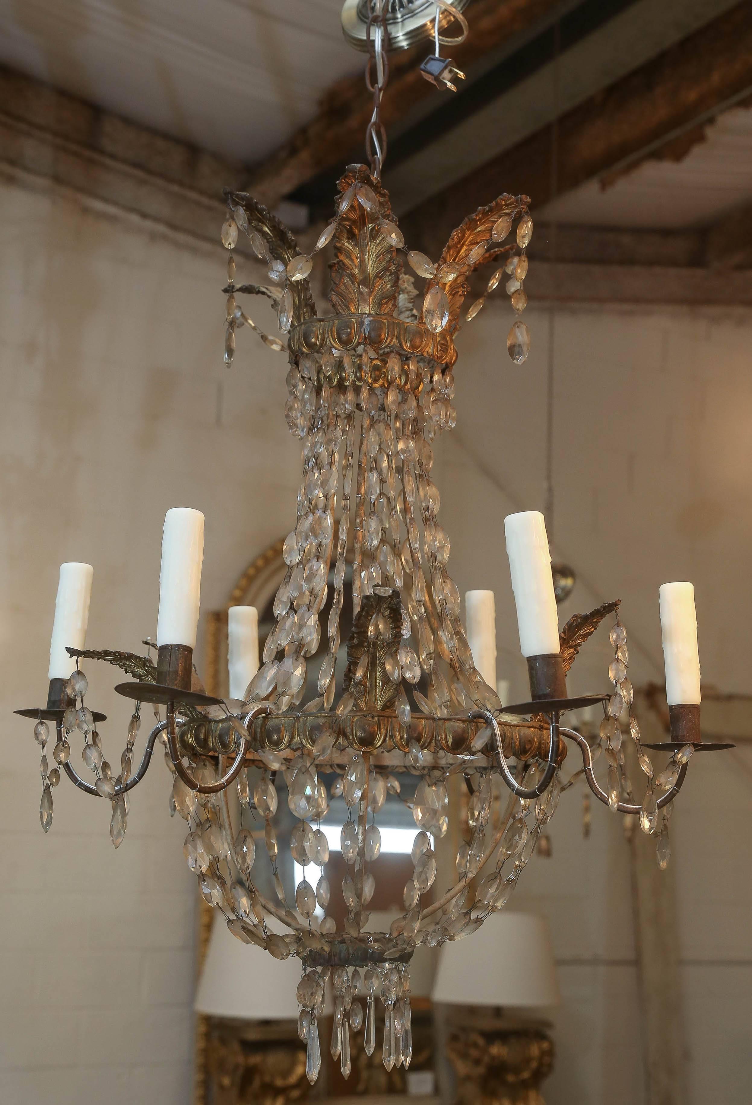 Newly wired gold metal and crystal six-arm chandelier from Genoa, Italy from the early 19th century. Two available.