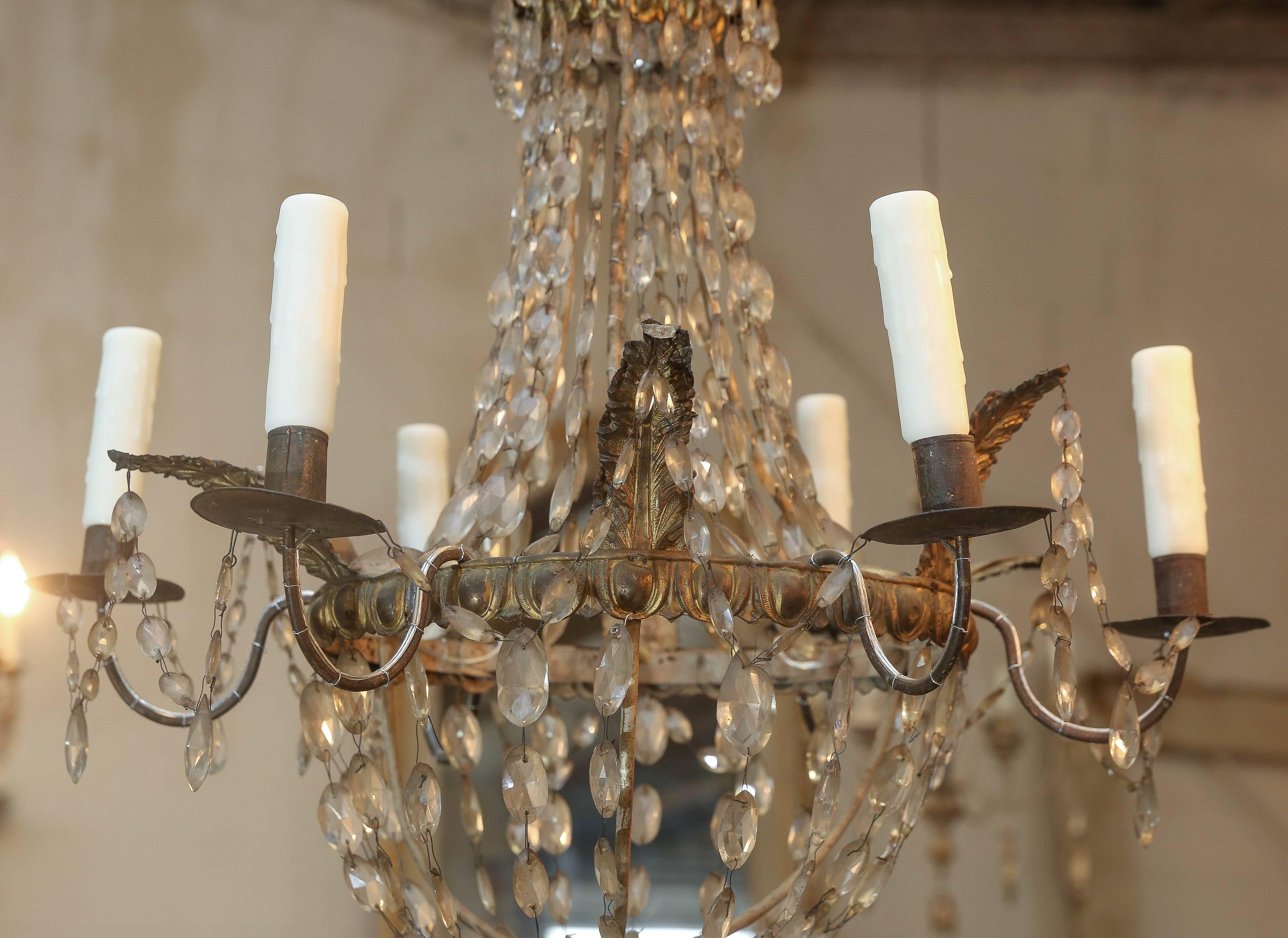 Repoussé Pair of Early Italian 19th Century Gold Metal and Crystal Chandelier from Genoa
