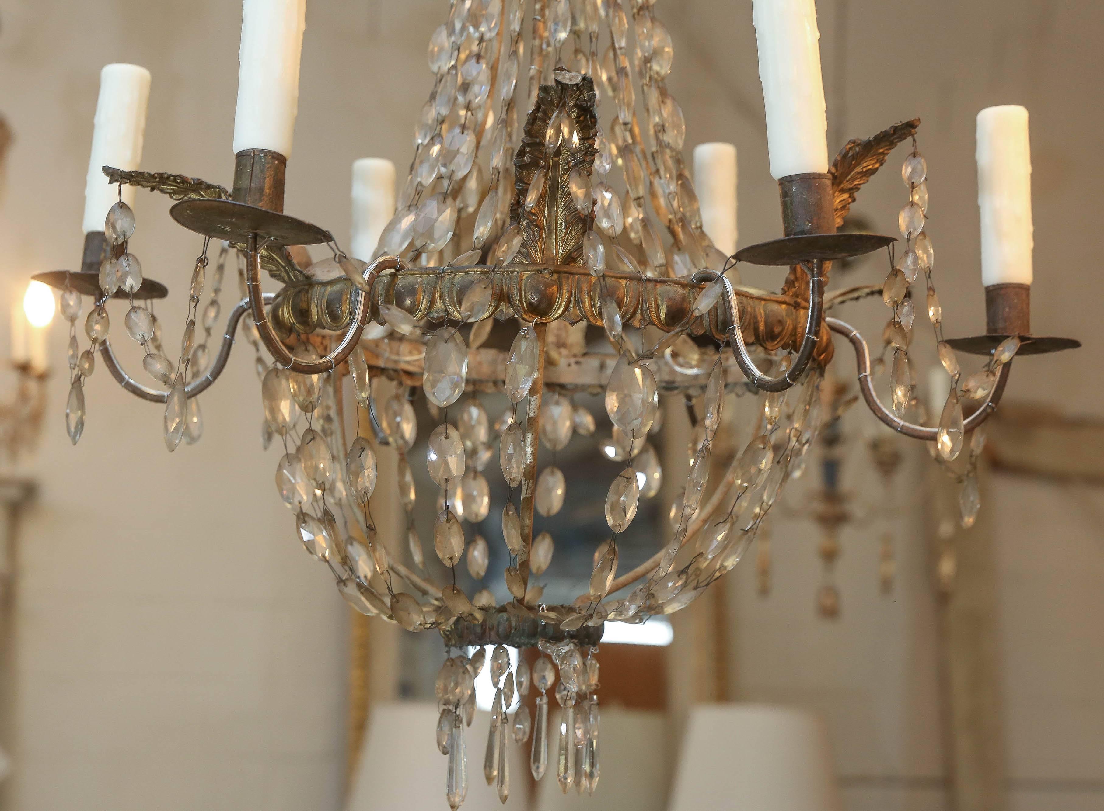 Pair of Early Italian 19th Century Gold Metal and Crystal Chandelier from Genoa 1