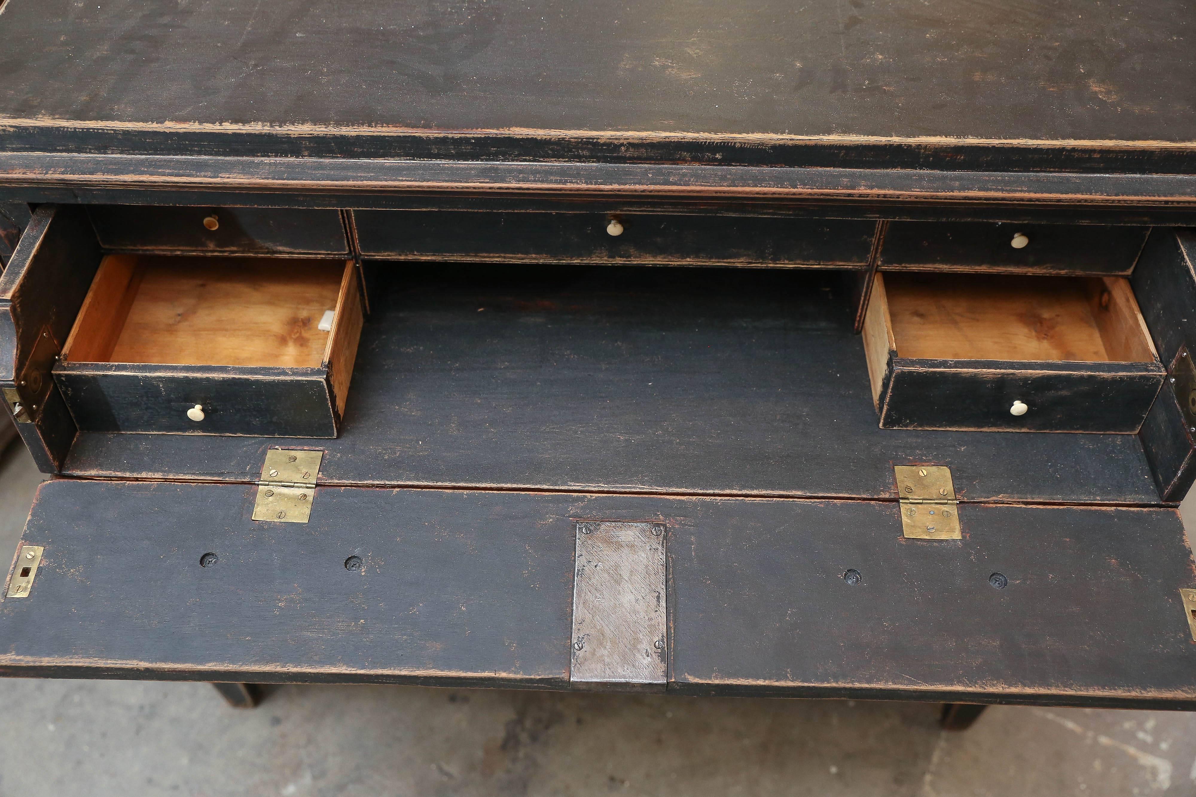 19th Century Gustavian Style Swedish Painted Black Secretary Chest In Good Condition In Houston, TX