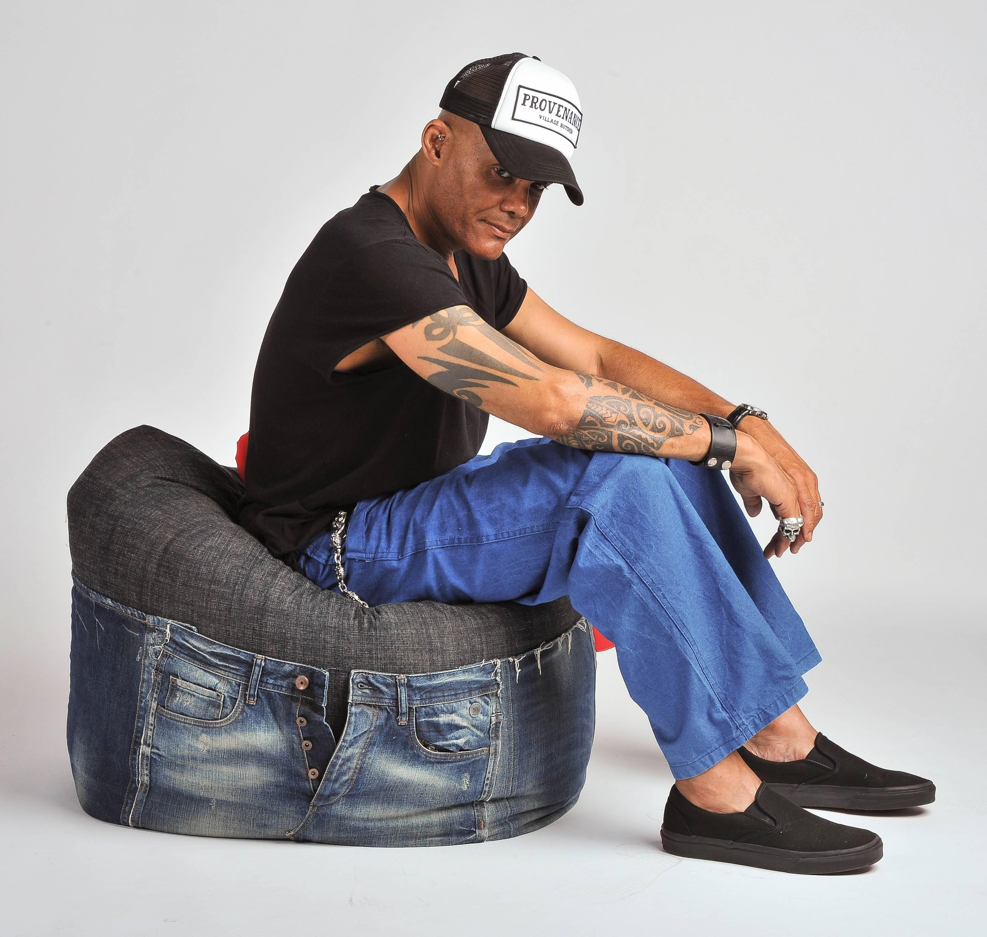 Contemporary Unique Rock & Roll Style Denim Bean Bag by Breaad For Sale