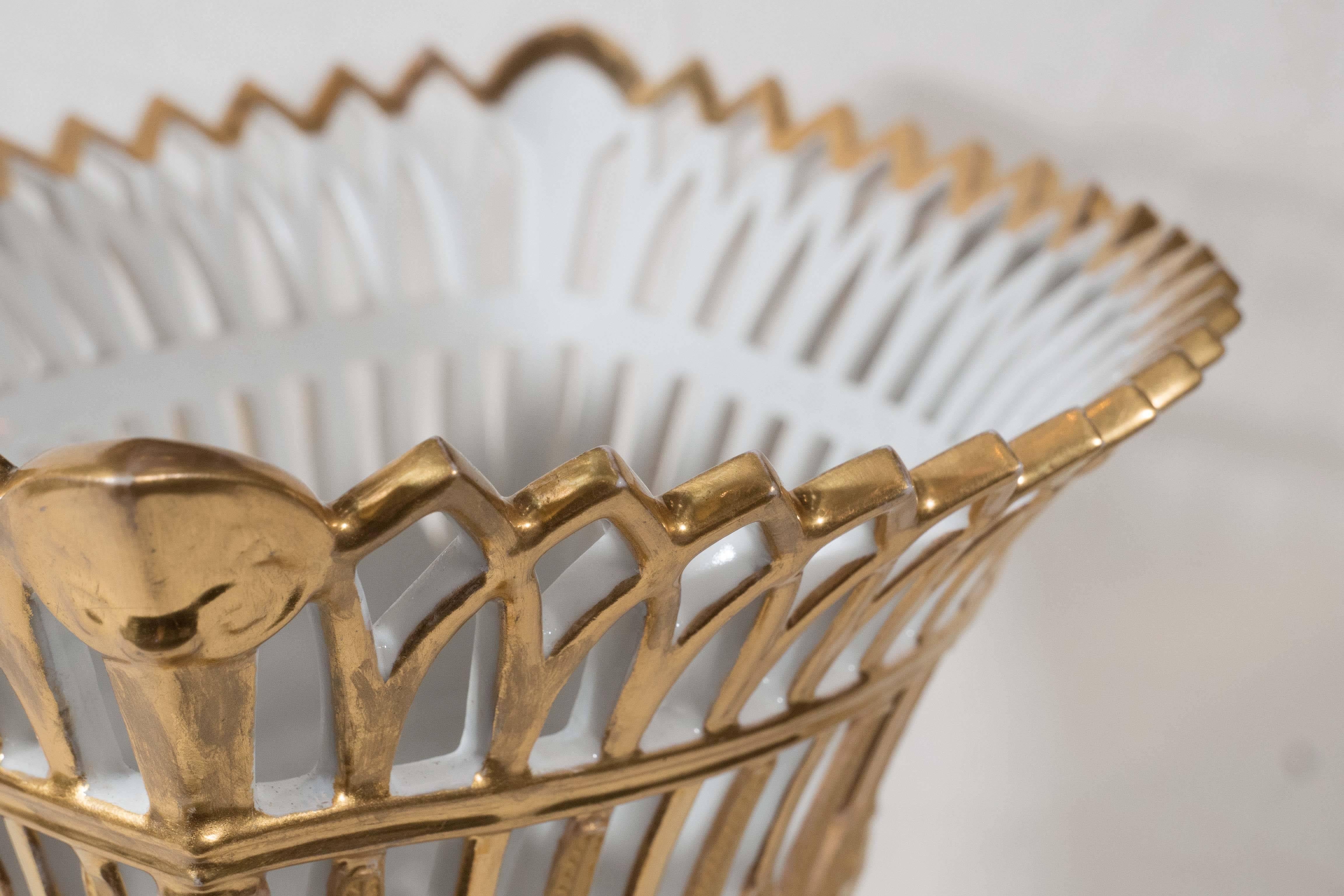 Antique French Porcelain Gilded Basket In Excellent Condition In Katonah, NY