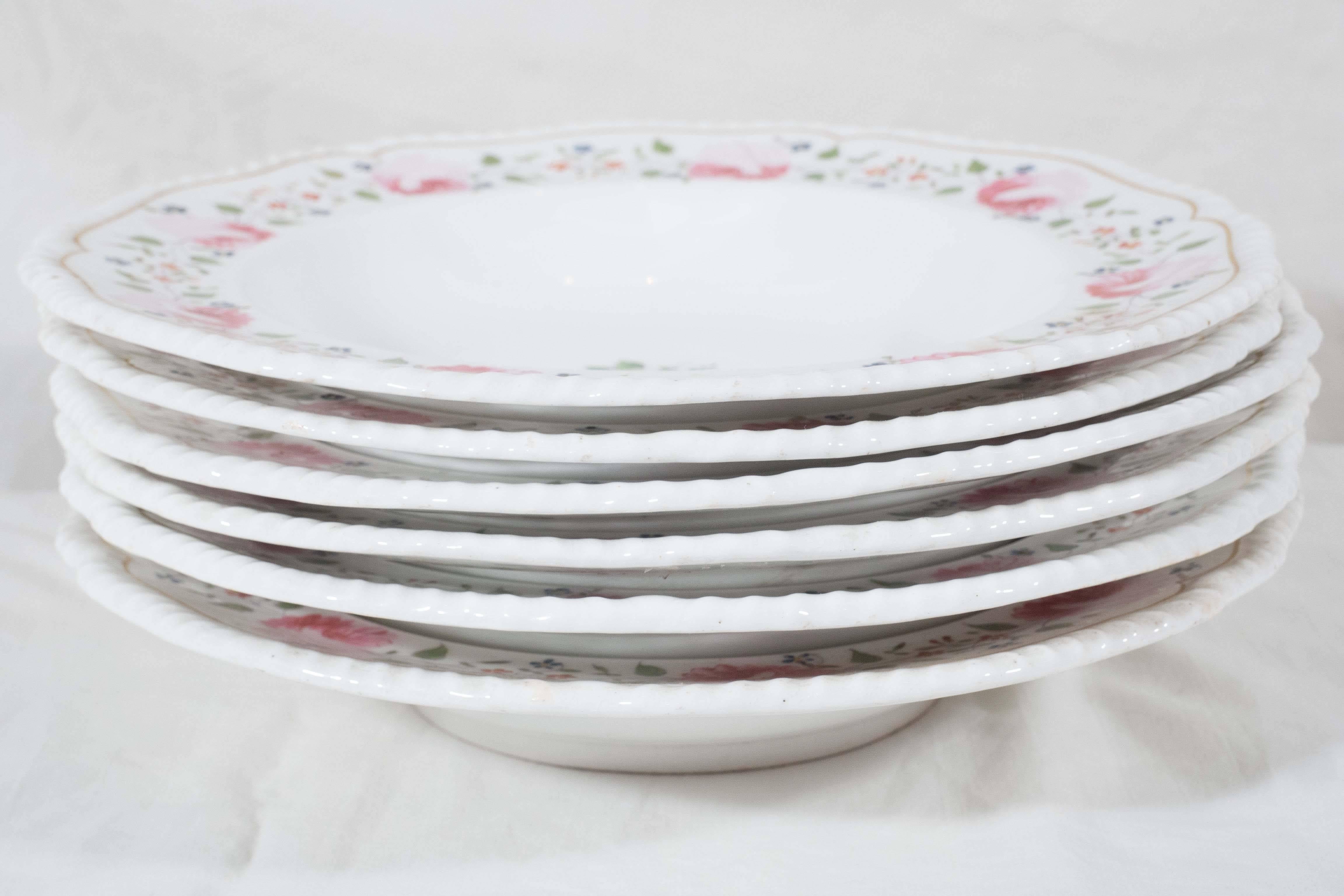 English Antique Staffordshire Soup Dishes Decorated with Pink Roses circa 1840