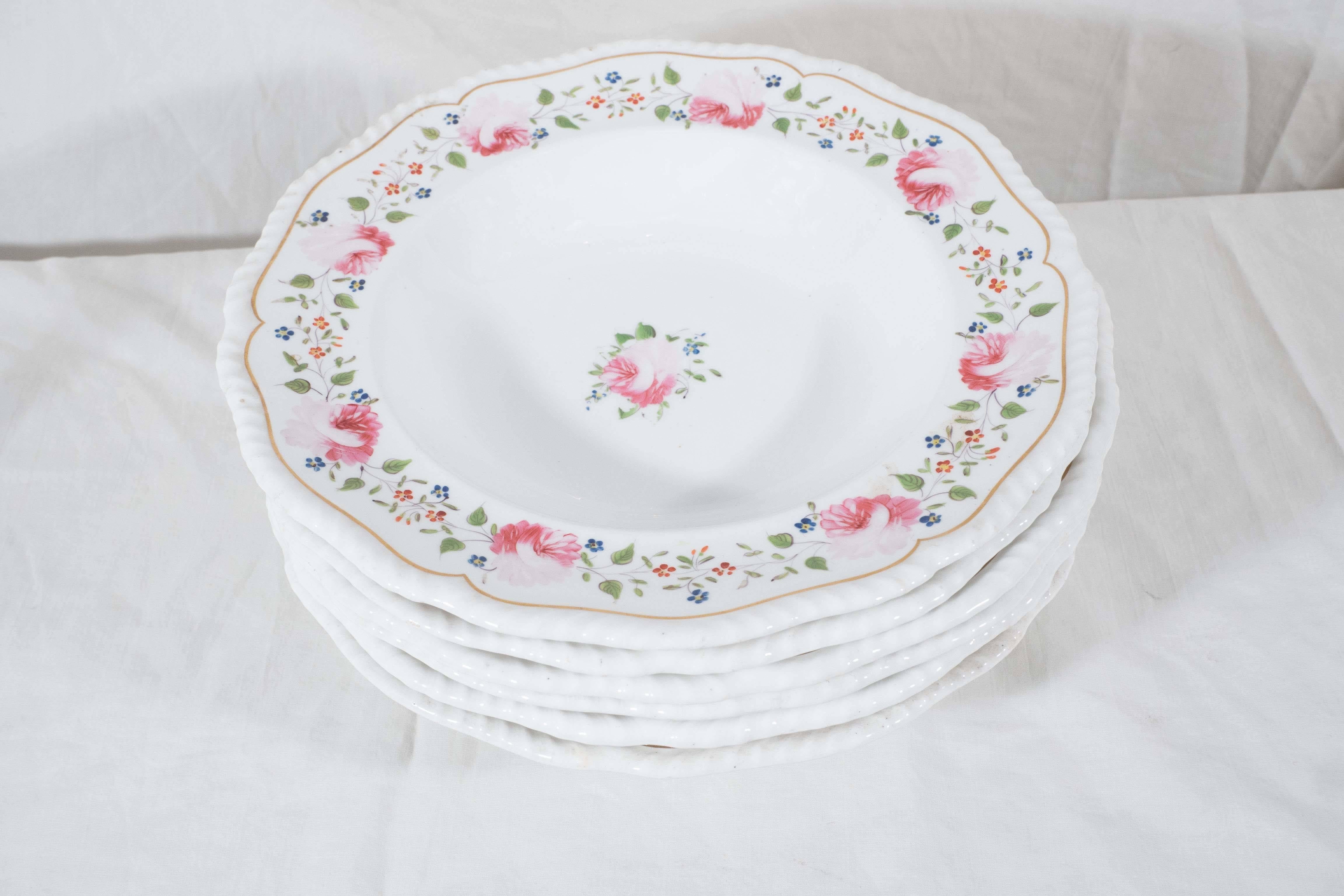 Antique Staffordshire Soup Dishes Decorated with Pink Roses circa 1840 In Excellent Condition In Katonah, NY