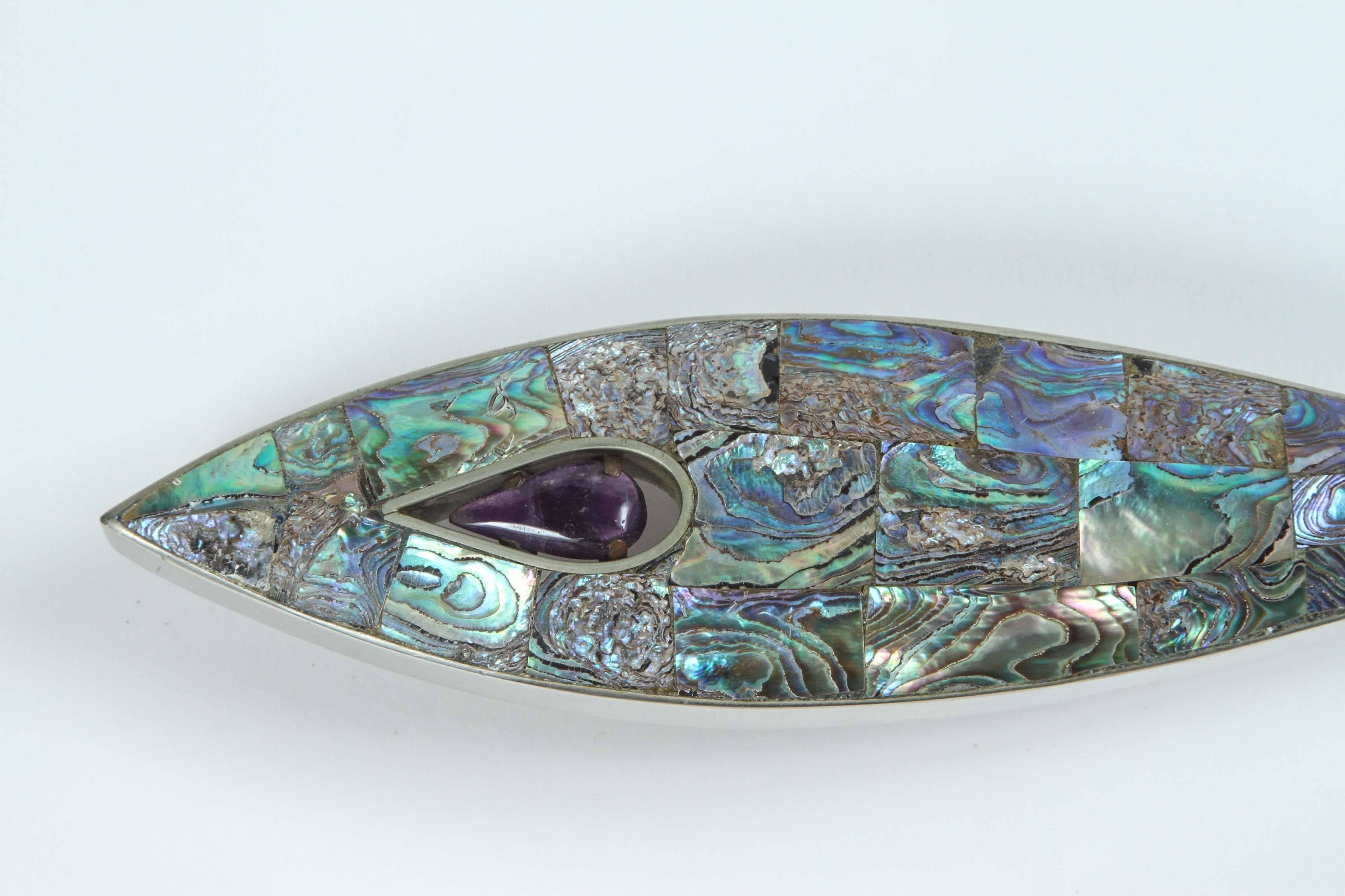 Vintage Modernist fish door pull made of copper, silver overlay, abalone and floating amethyst eye. 

Copper base with brass extensions to hold the handle away from door.

Hallmarked 