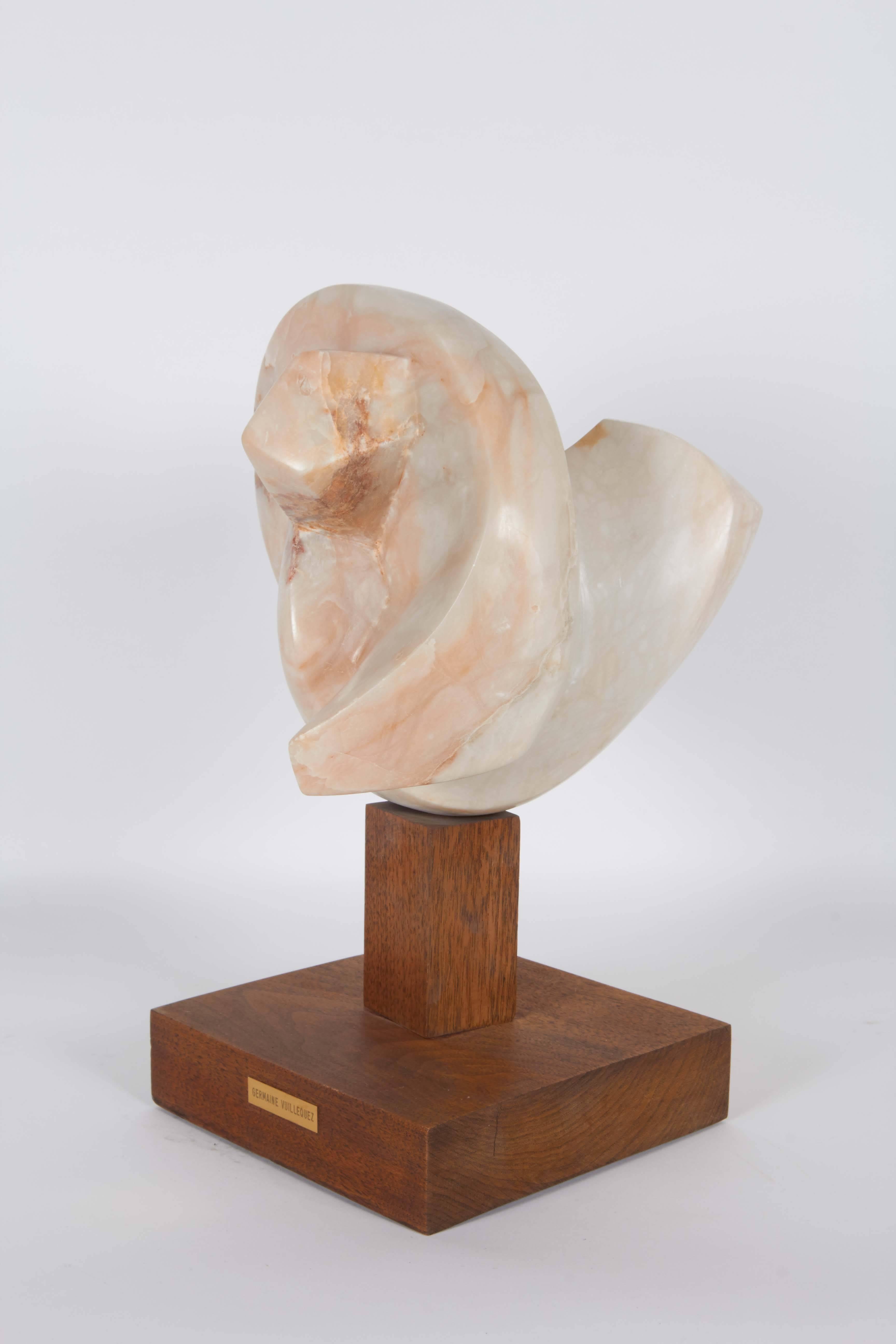 Carved Germaine Vuillequez Abstract Pink Marble Sculpture on Base