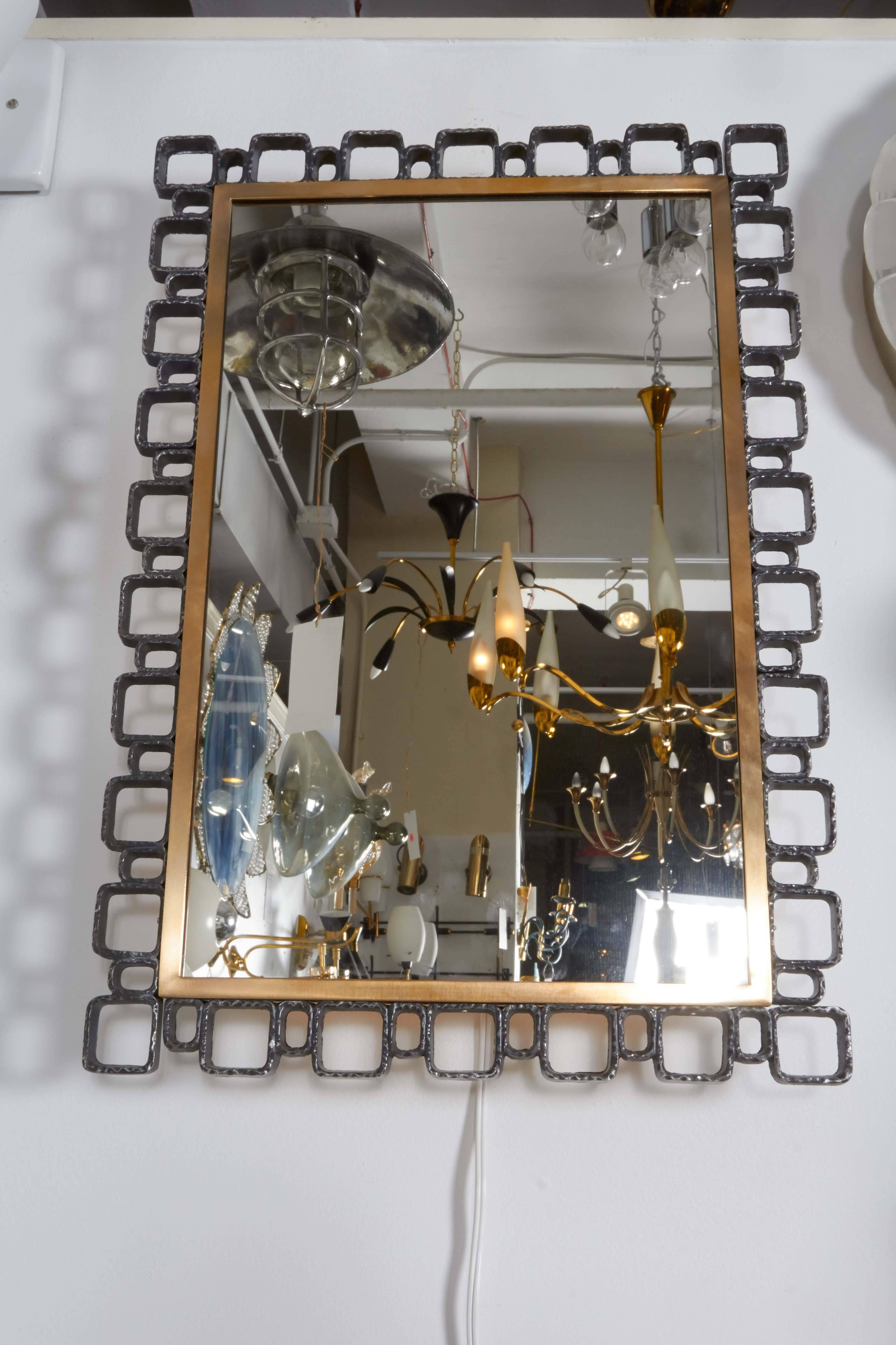 Brass German Brutalist Style Illuminated Mirror by Hillebrand