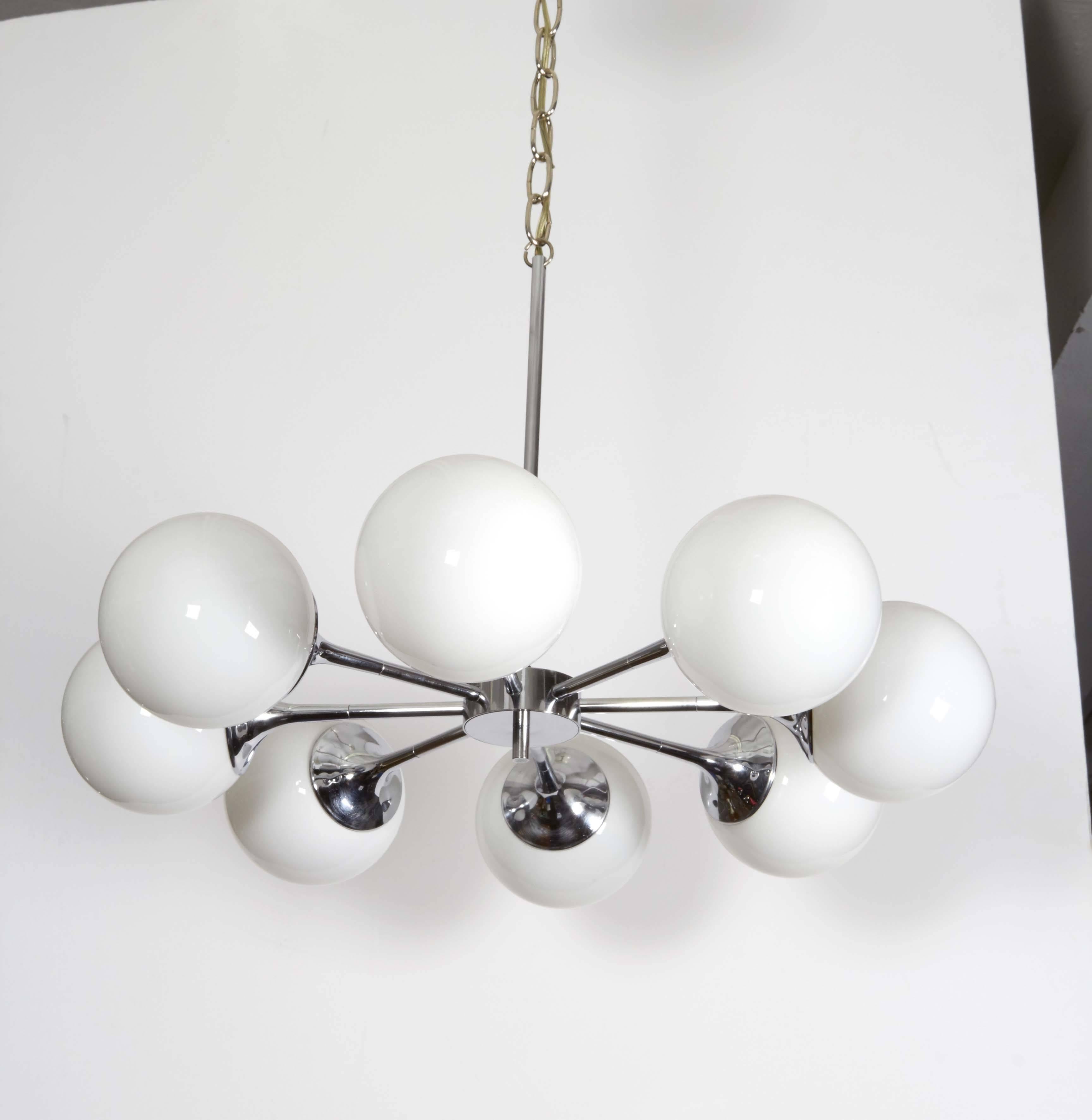 Mid-20th Century Pair of Lightolier Glass Globe Chandeliers in Chrome