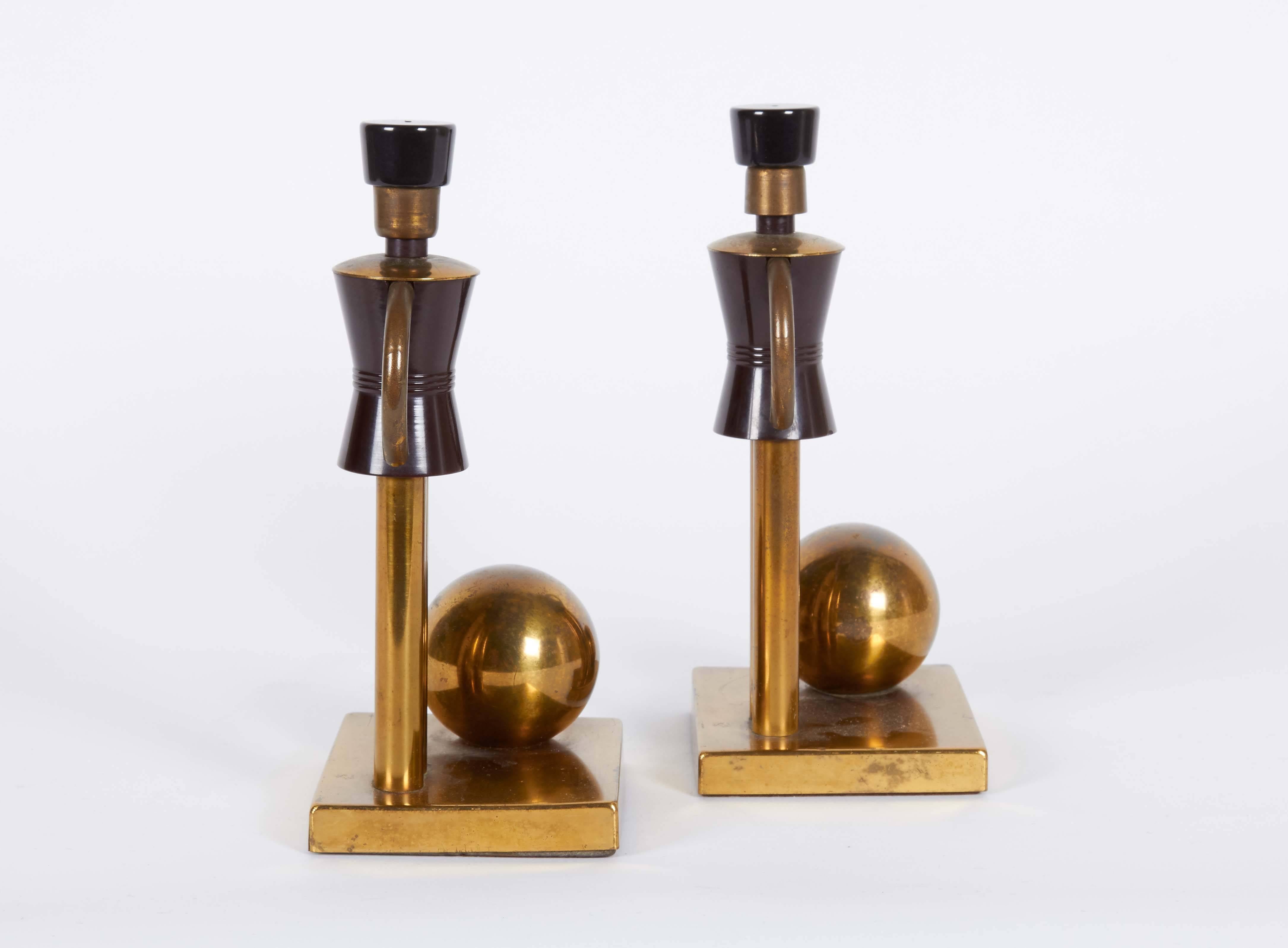 Art Deco Walter Von Nessen Figural Bookends in Brass and Bakelite