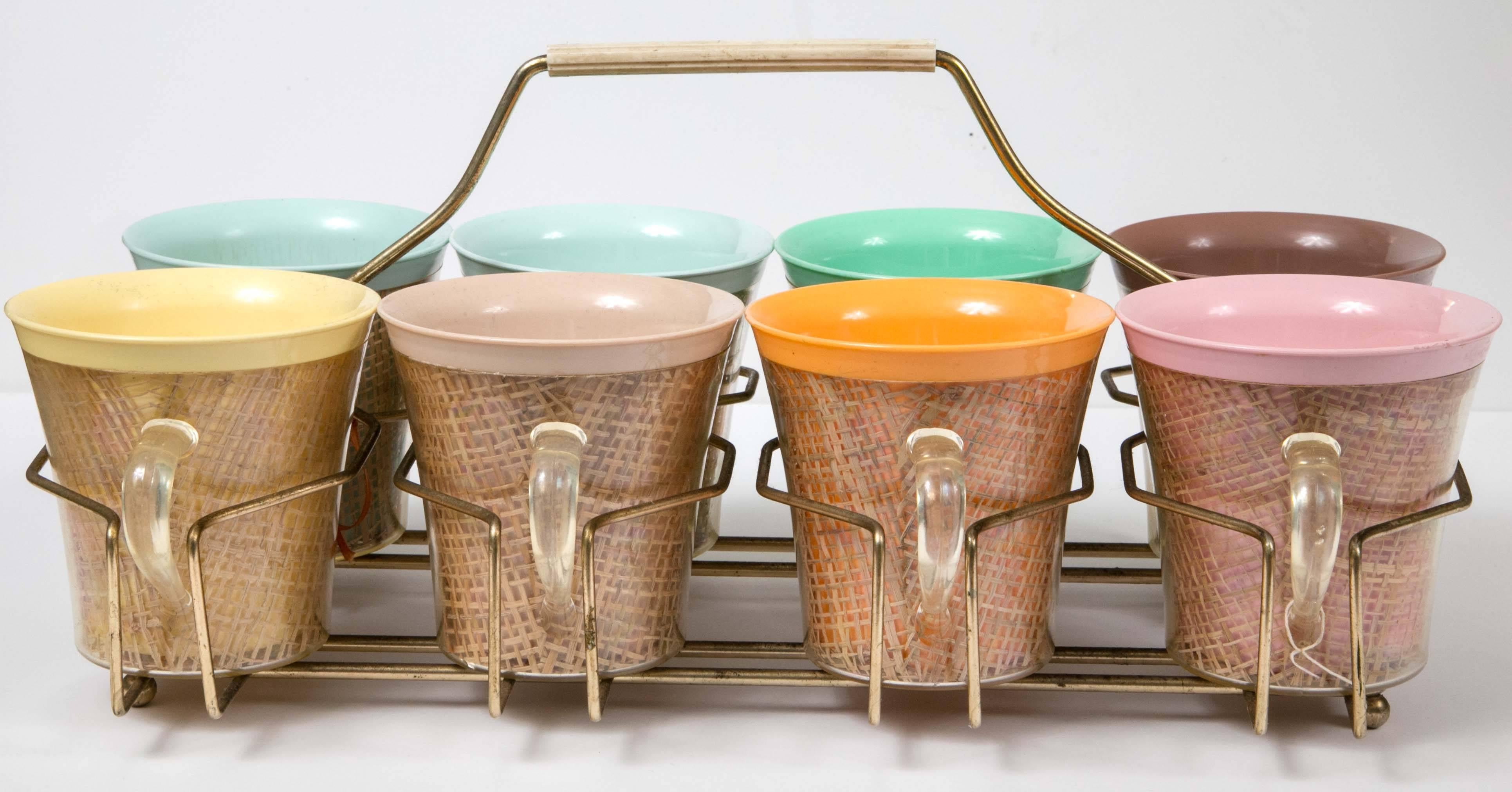 Mid-Century Modern Eight 1950s Joan Cleaver Style Tea or Sherbet Cups and Caddy, Pastel Color
