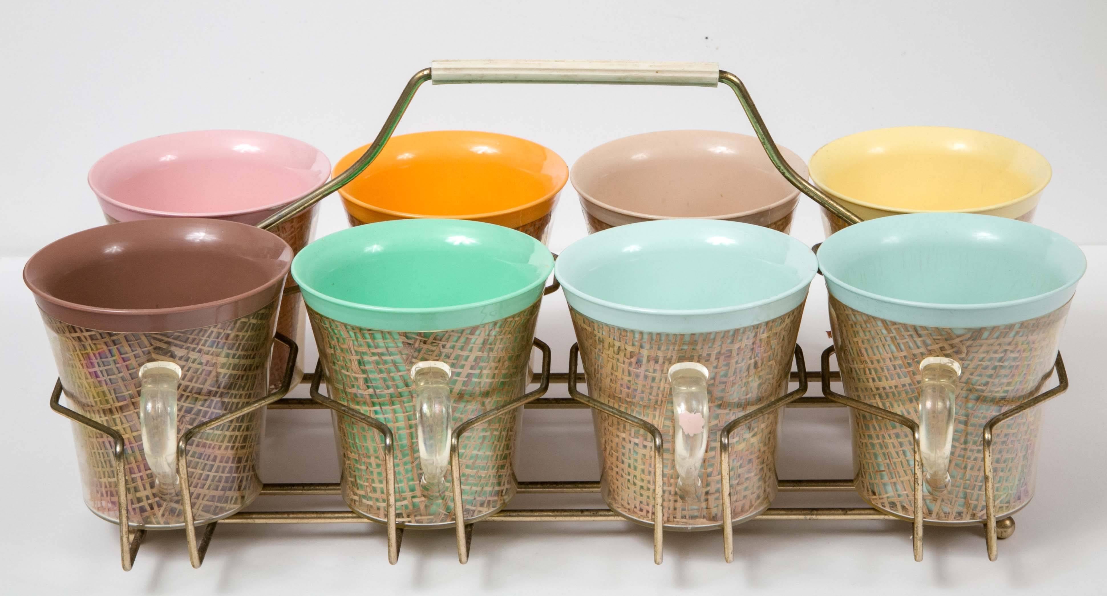 American Eight 1950s Joan Cleaver Style Tea or Sherbet Cups and Caddy, Pastel Color