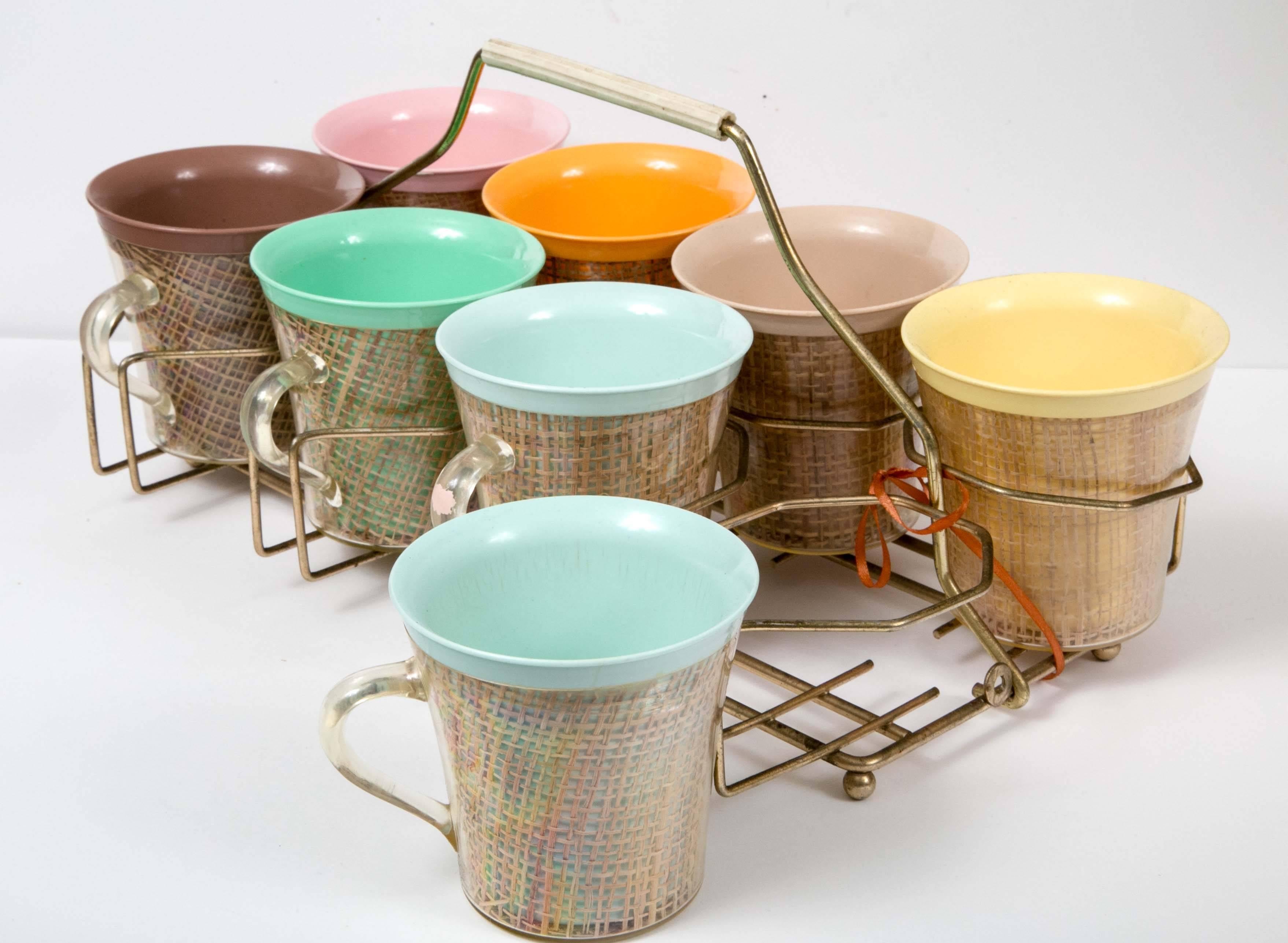 Eight 1950s Joan Cleaver Style Tea or Sherbet Cups and Caddy, Pastel Color In Good Condition In Westport, CT