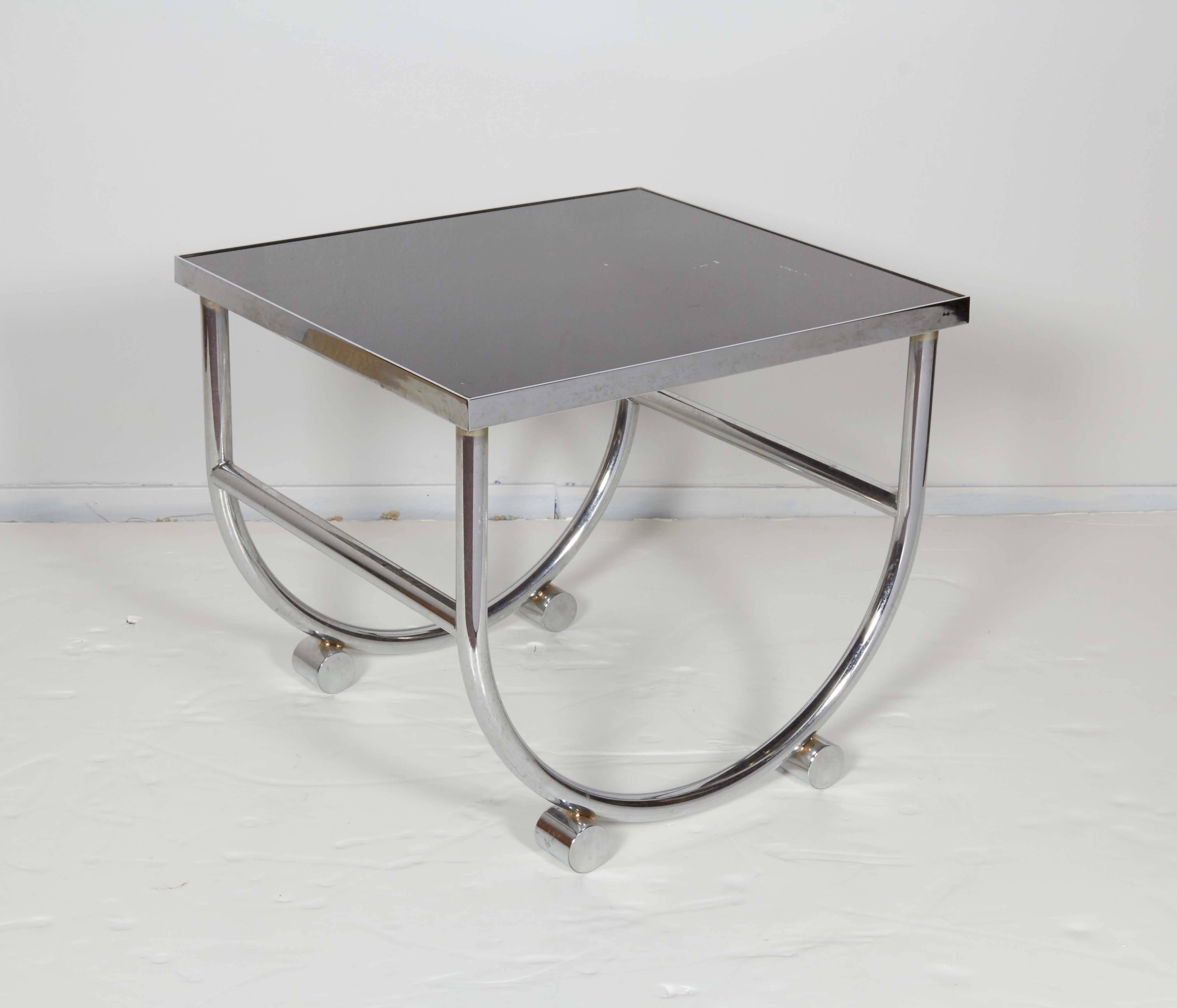 Donald Deskey Style Chrome Side Table with Black Glass Top 2