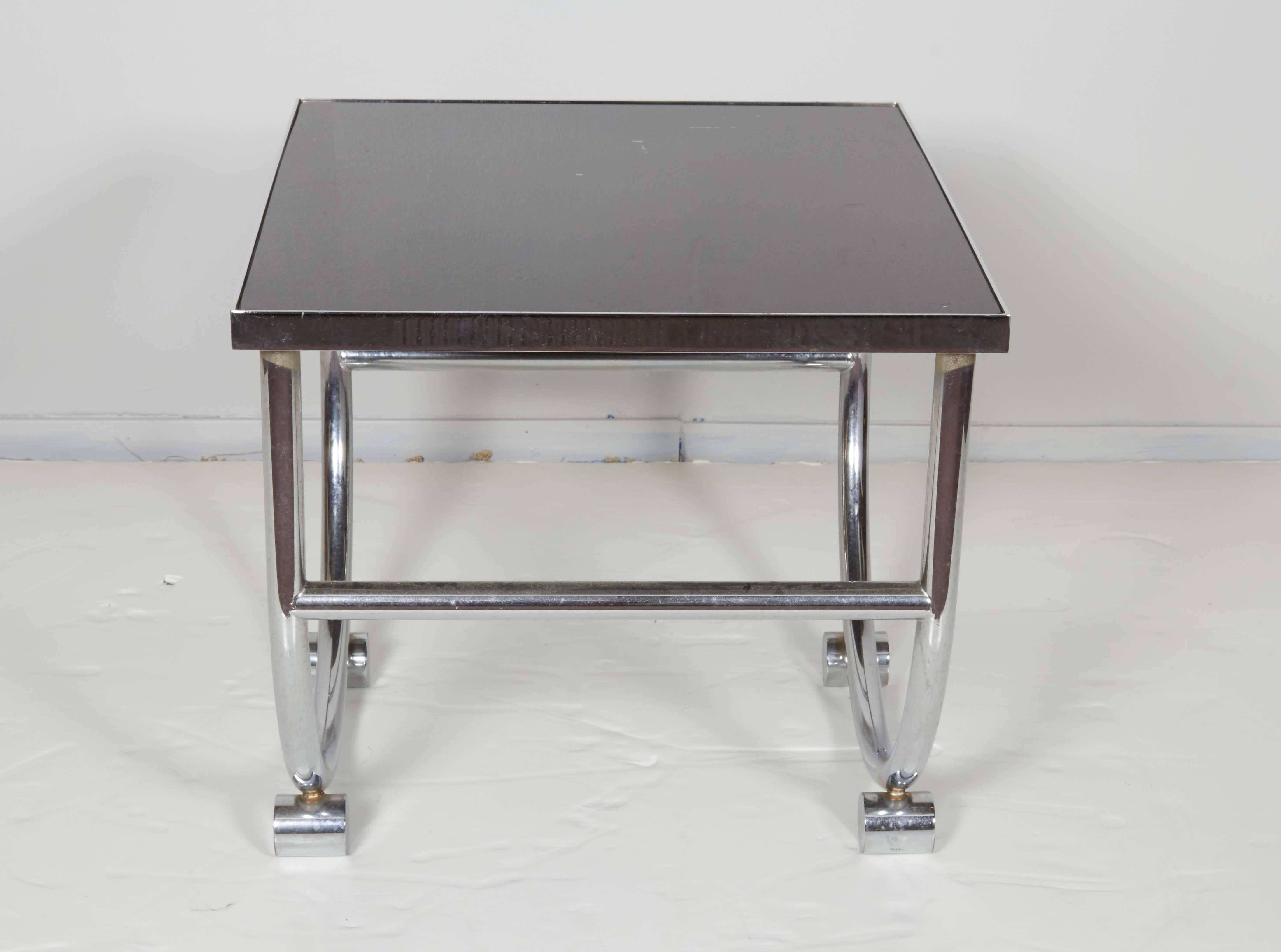 Donald Deskey Style Chrome Side Table with Black Glass Top 3